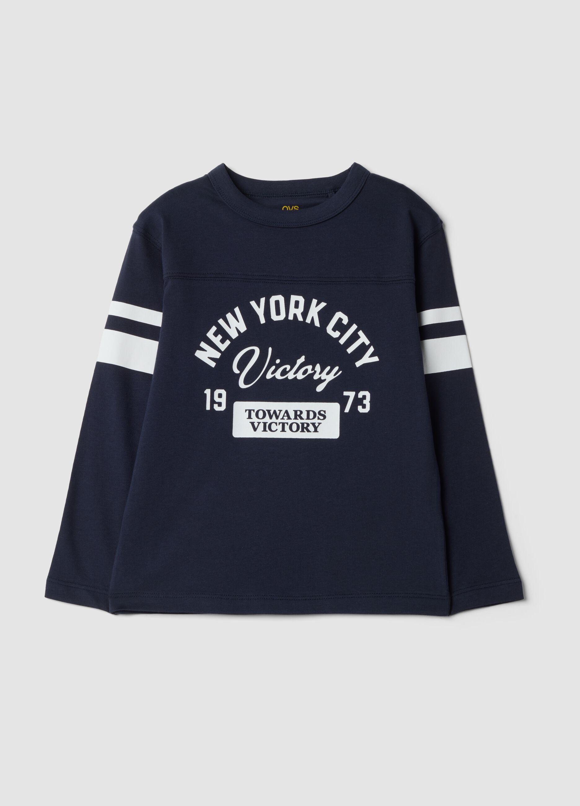 T-shirt blu in puro cotone con stampa college regular fit