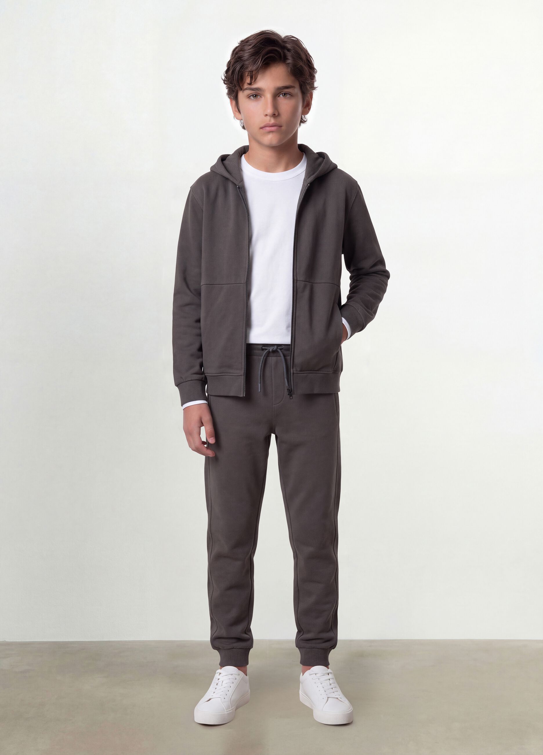Grey organic cotton zip-up hoodie for boys, relaxed fit