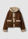 Brown stretch-fabric shacket with hood_0