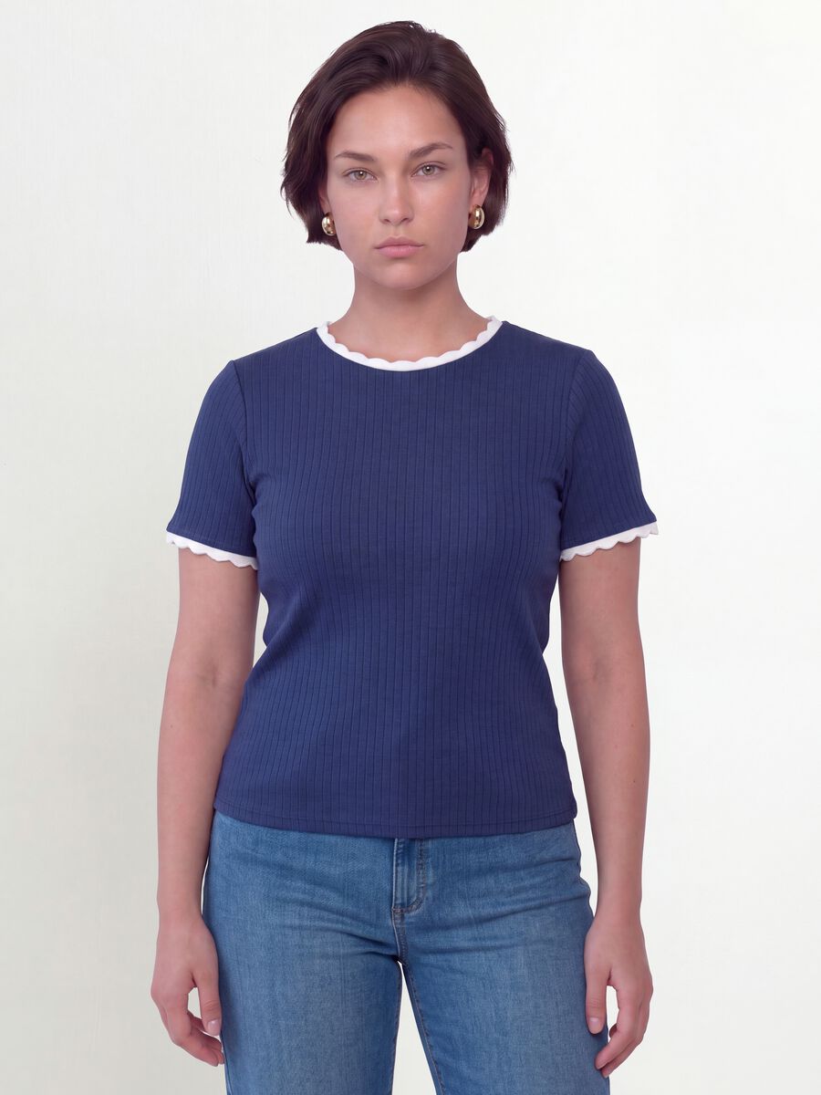 Blue stretch viscose crew-neck T-shirt with contrast trim_0