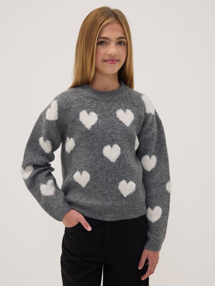 Maglia grigia melange in tessuto elasticizzato girocollo con cuori_0