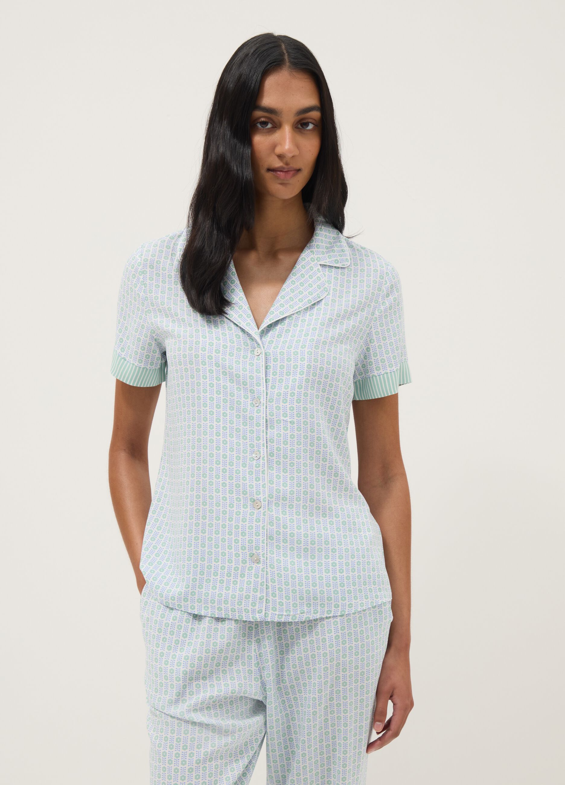 Multicolour pure viscose pyjama shirt, regular fit with design
