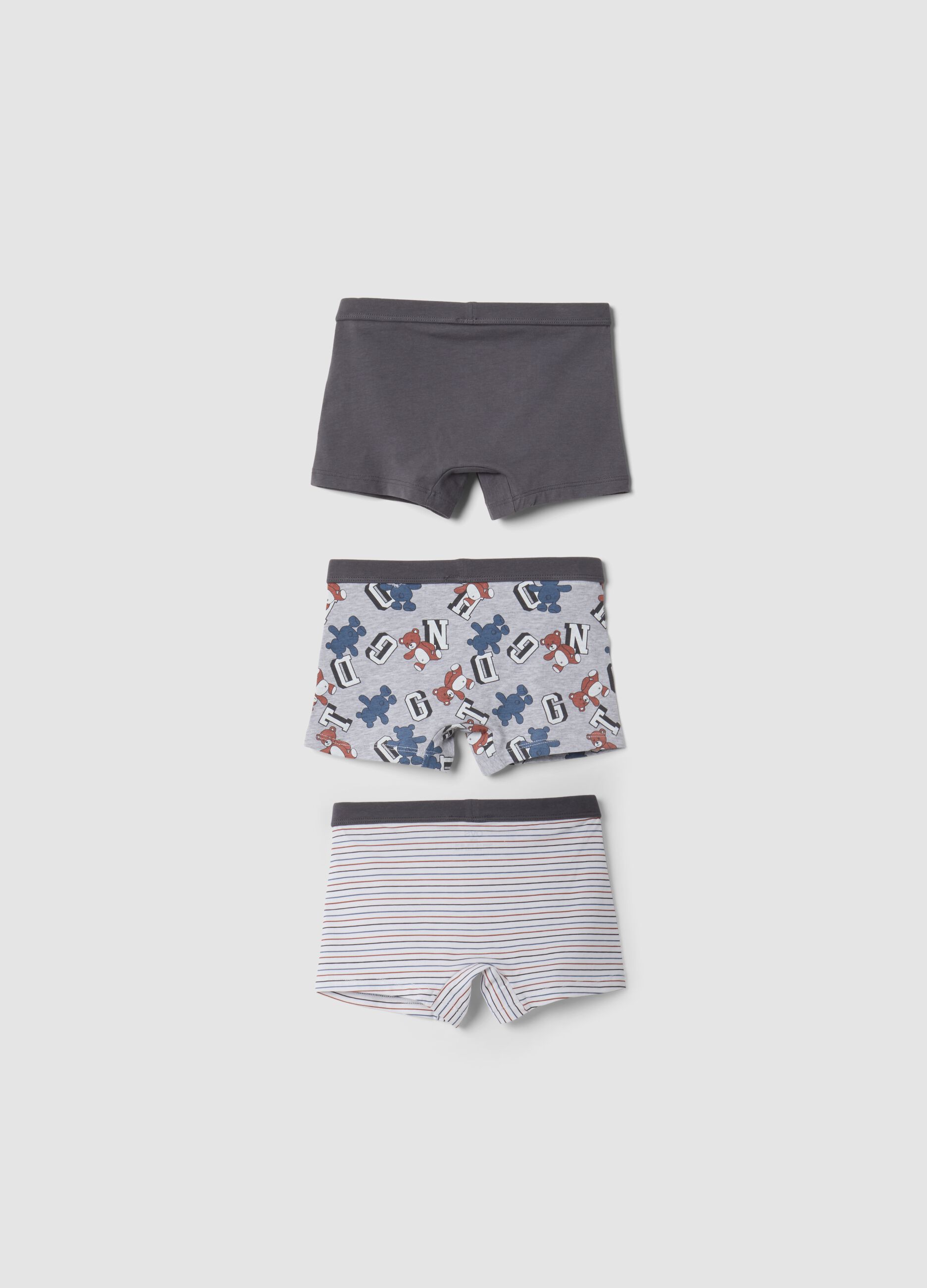 Tripack di boxer midi grigi in cotone organico elasticizzato con fantasia animali