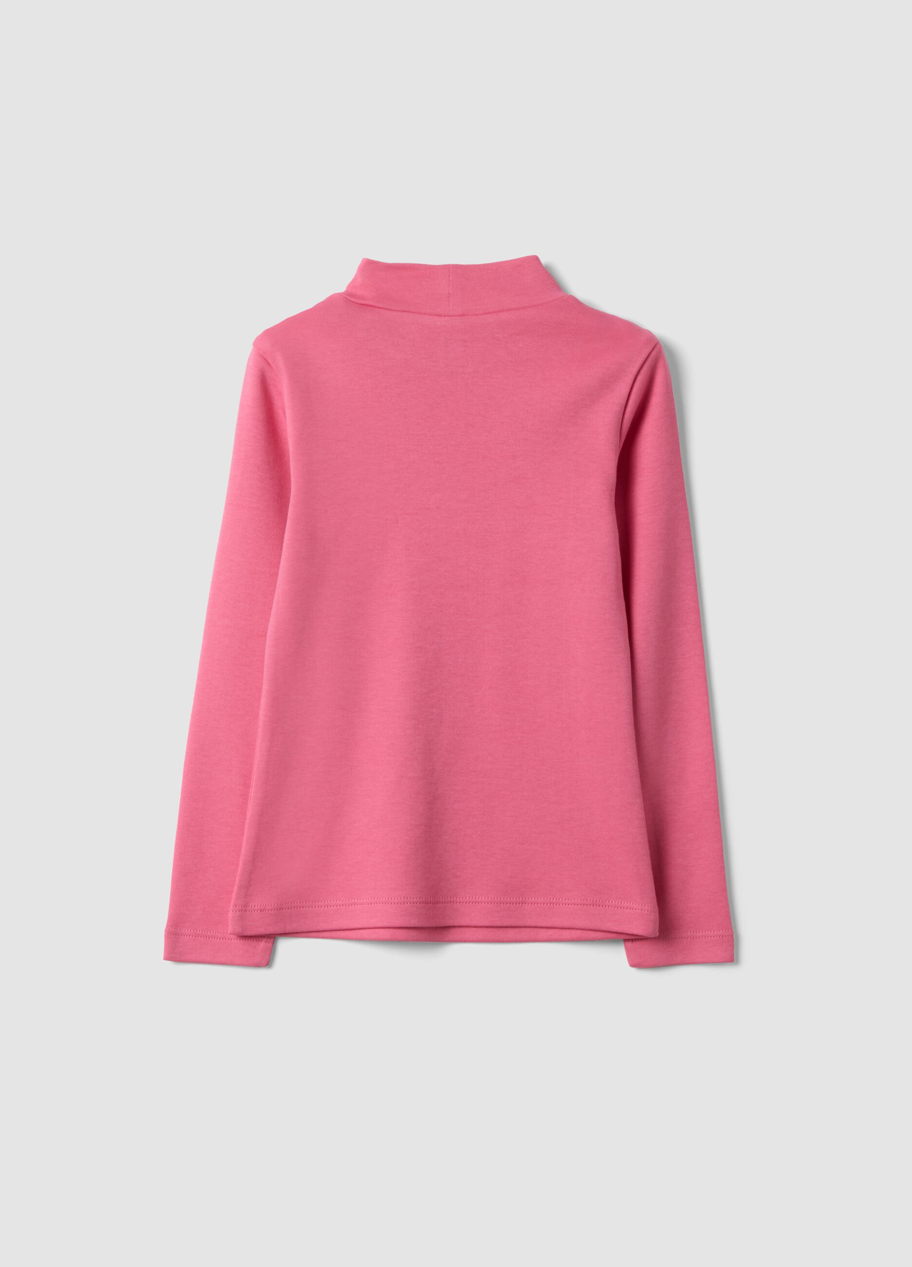 Pink pure organic cotton T-shirt with high neck