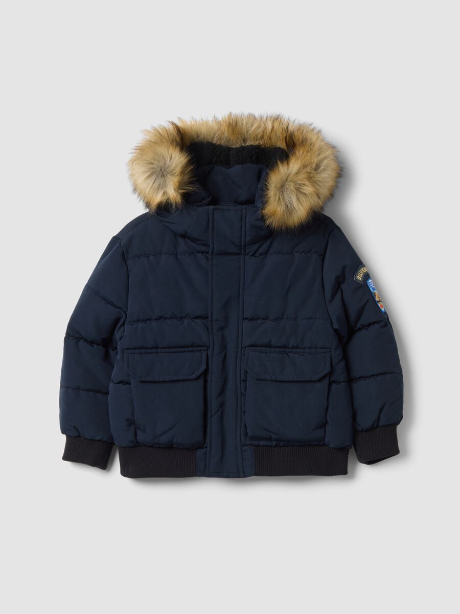 Blue padded jacket with hood and removable trim_0