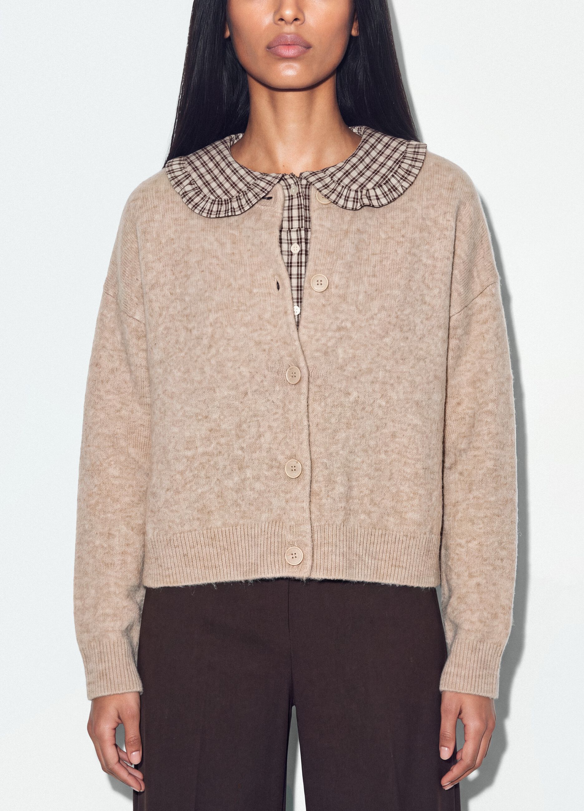 Beige stretch-fabric crew-neck cardigan with oversized fit