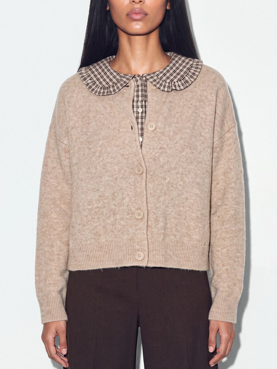 Beige stretch-fabric crew-neck cardigan with oversized fit_2
