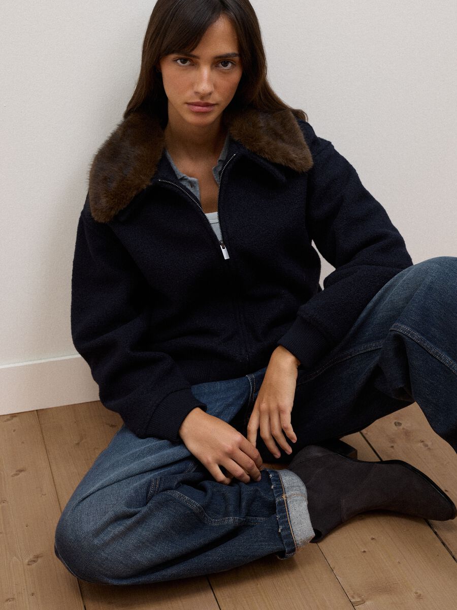 Blue wool-blend jacket with faux-fur effect collar_1