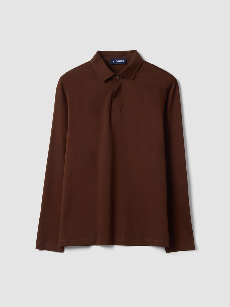 Brown long-sleeved pure cotton polo_0