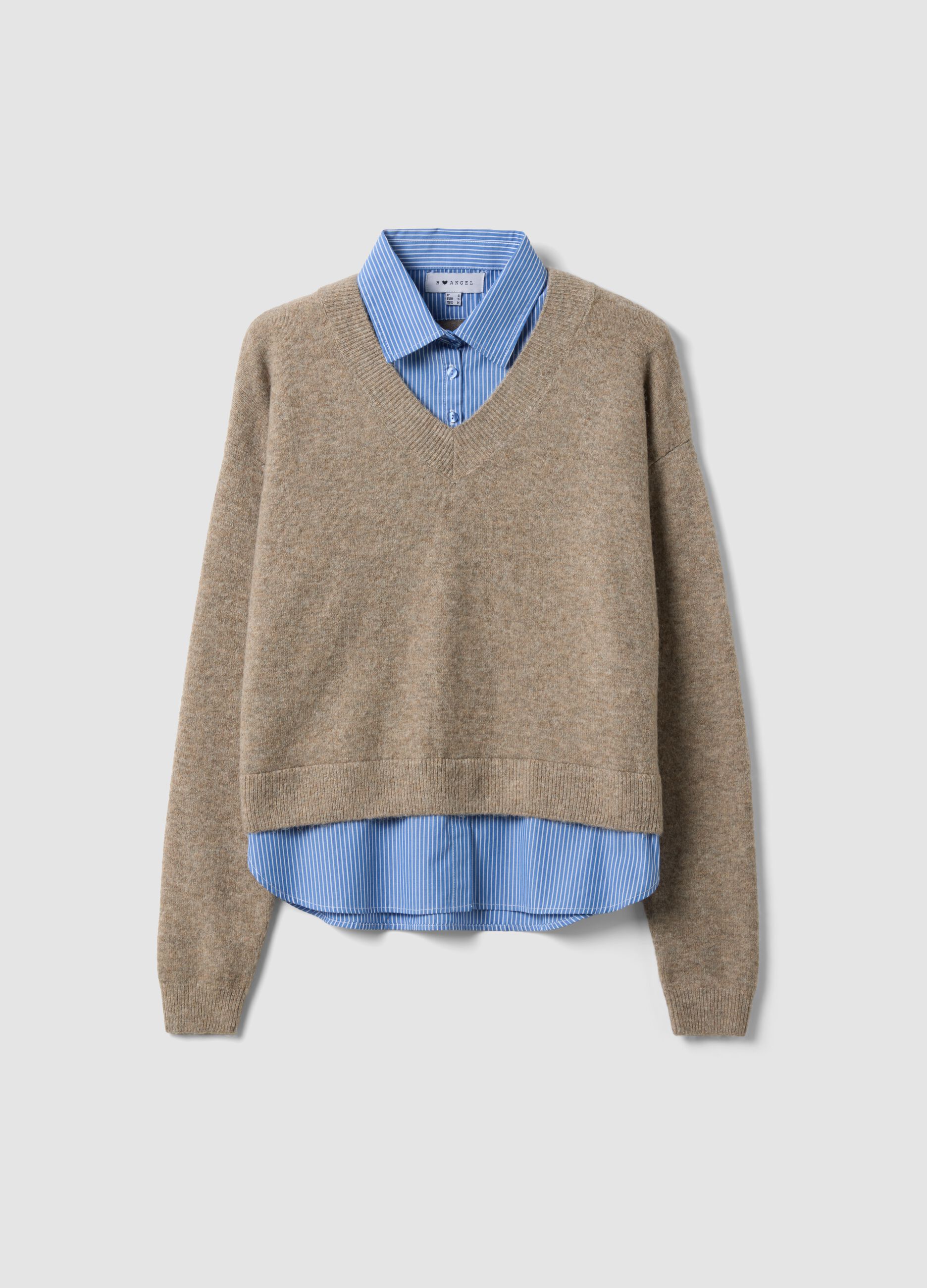 Maglia beige in misto viscosa con scollo a V