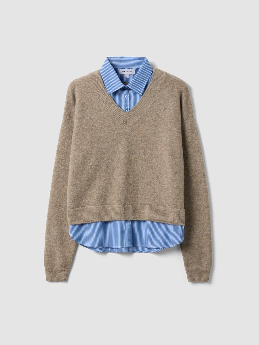 Maglia beige in misto viscosa con scollo a V_0