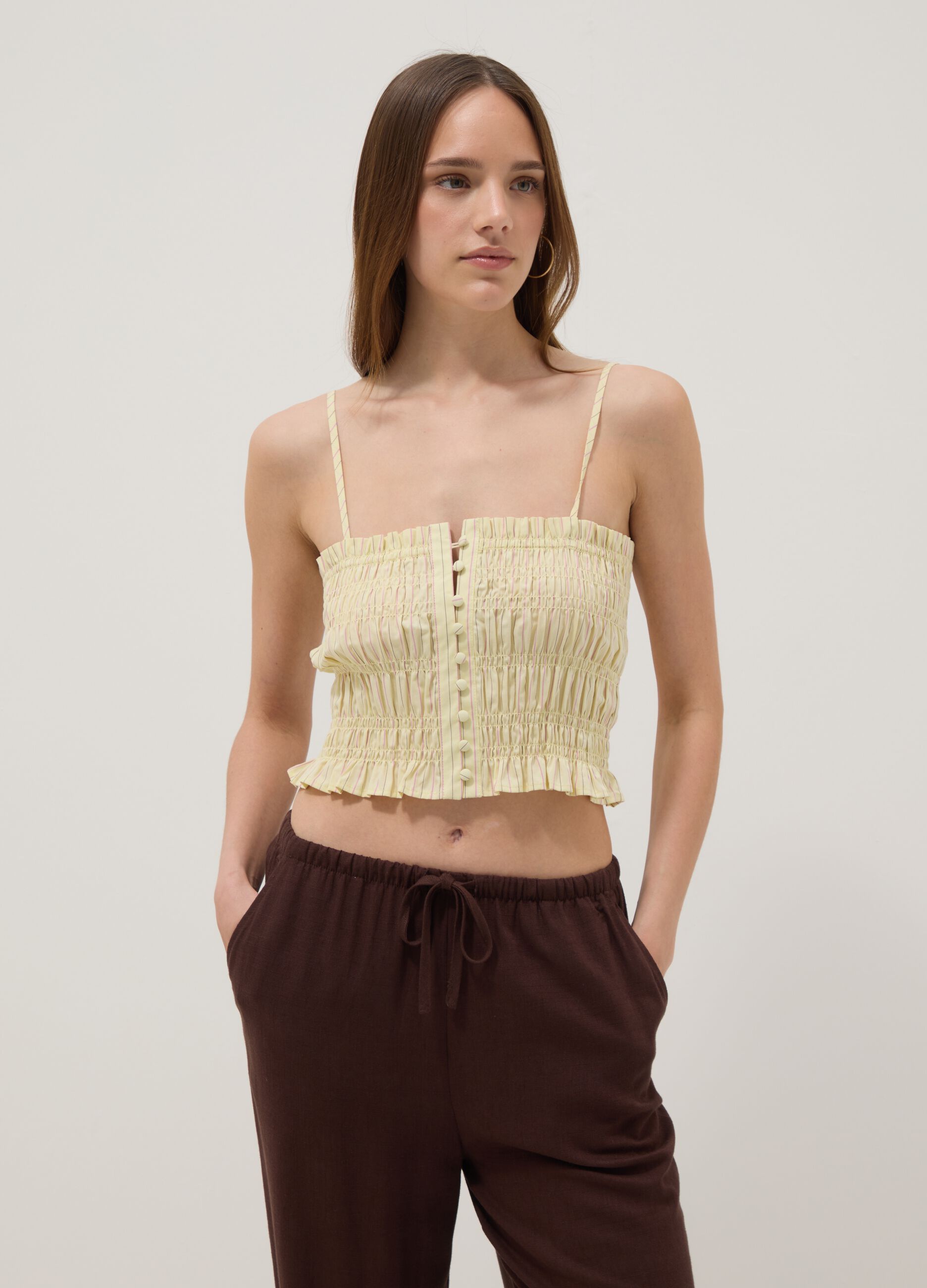 Yellow pure cotton tank top with ruched finish
