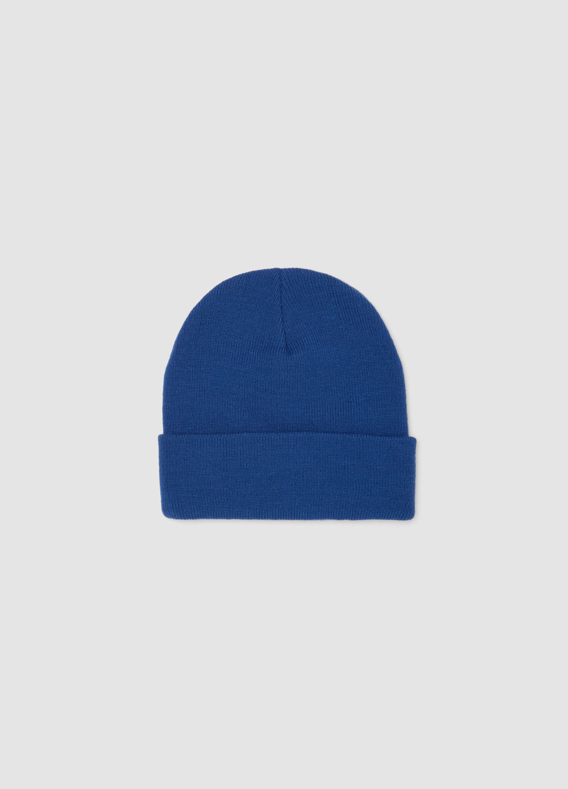 Blue jersey knit beanie with turn-up