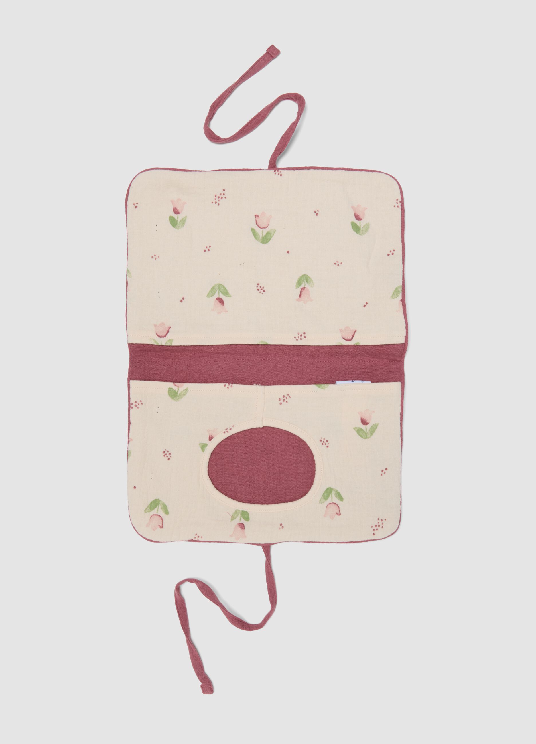 Pink portable changing mat in pure cotton with floral print