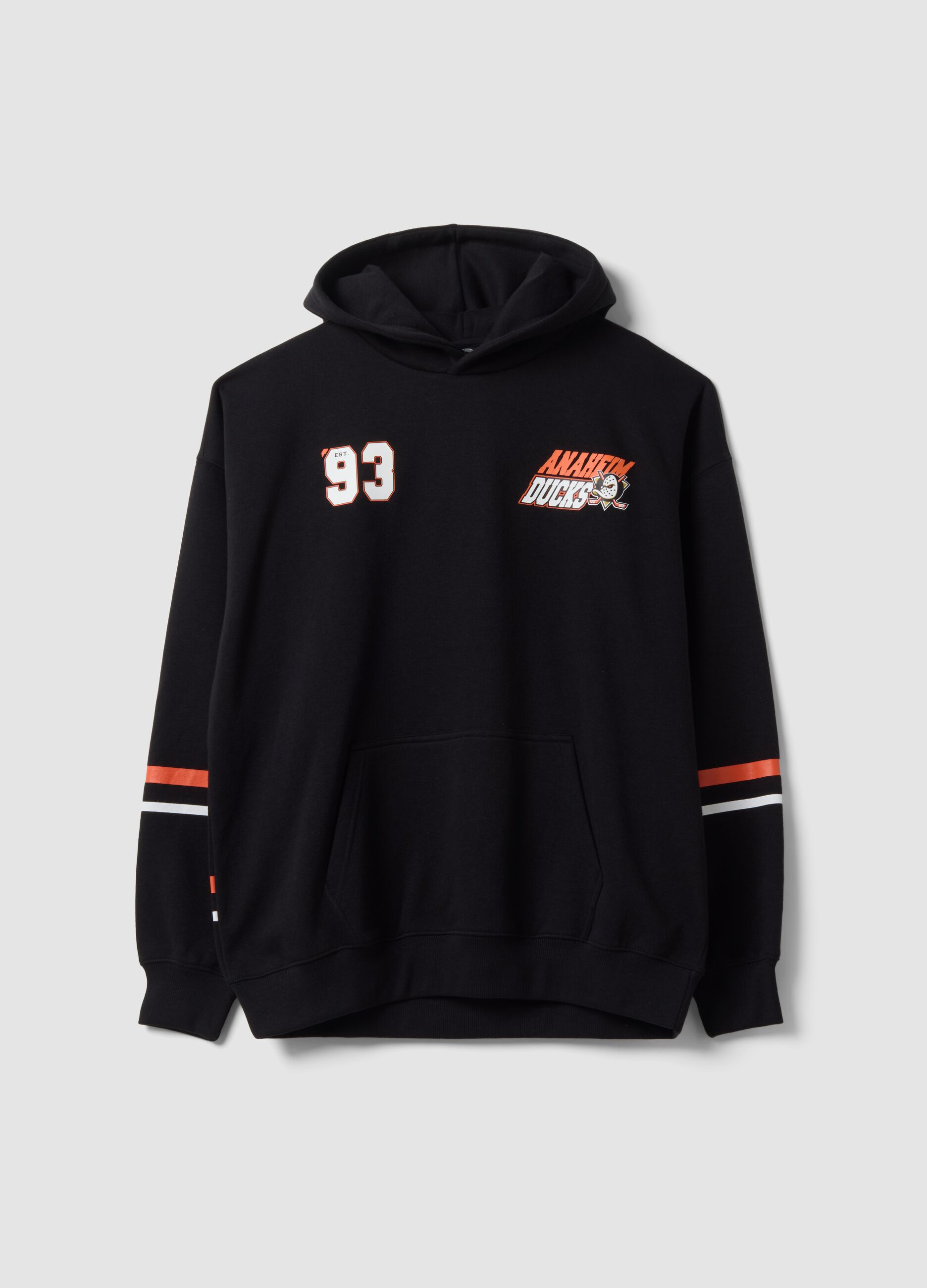 هودي أسود بقبعة من مزيج القطن بطبعة Anaheim Ducks
