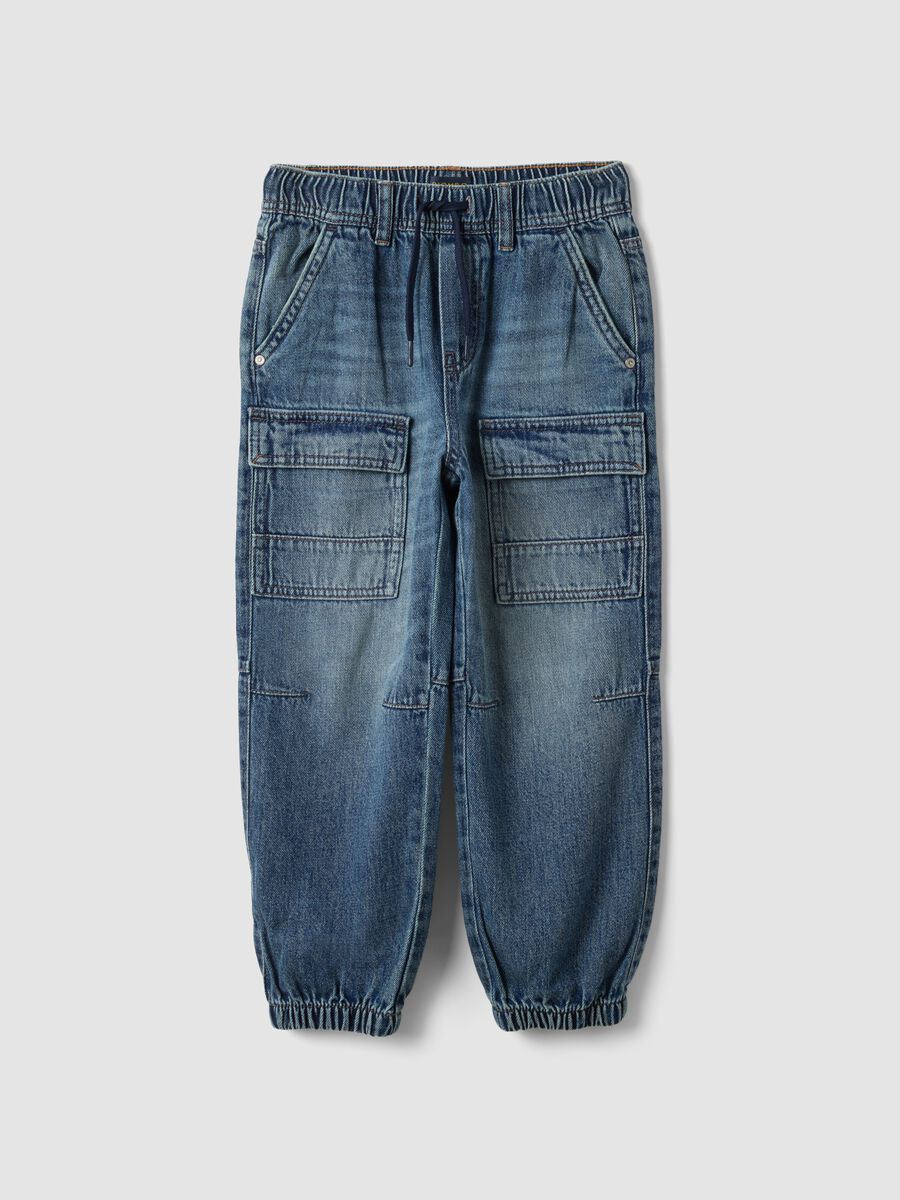 Blue denim joggers in cotton and viscose blend, relaxed fit for boys_3