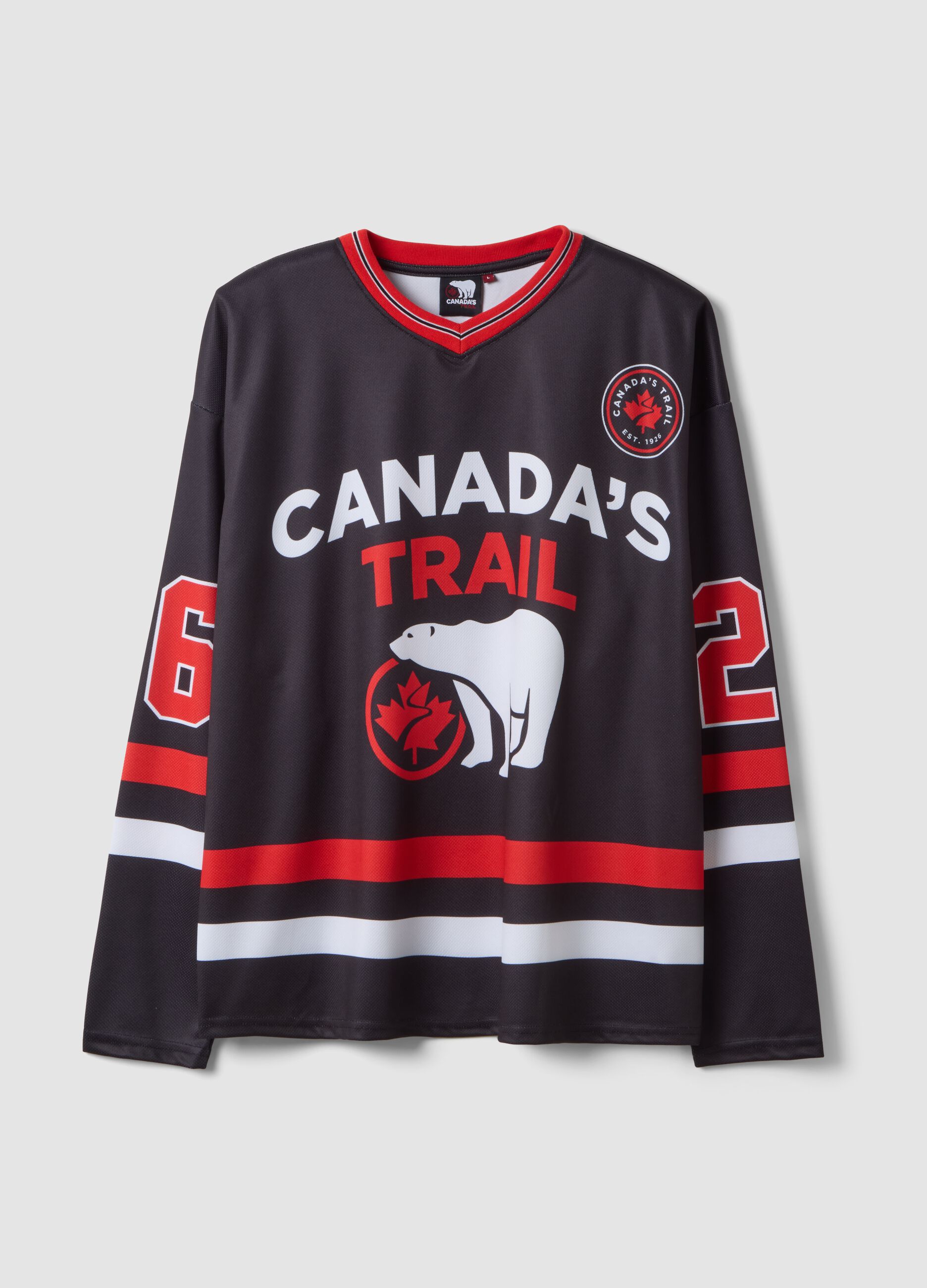 Black long-sleeve T-shirt with hockey print
