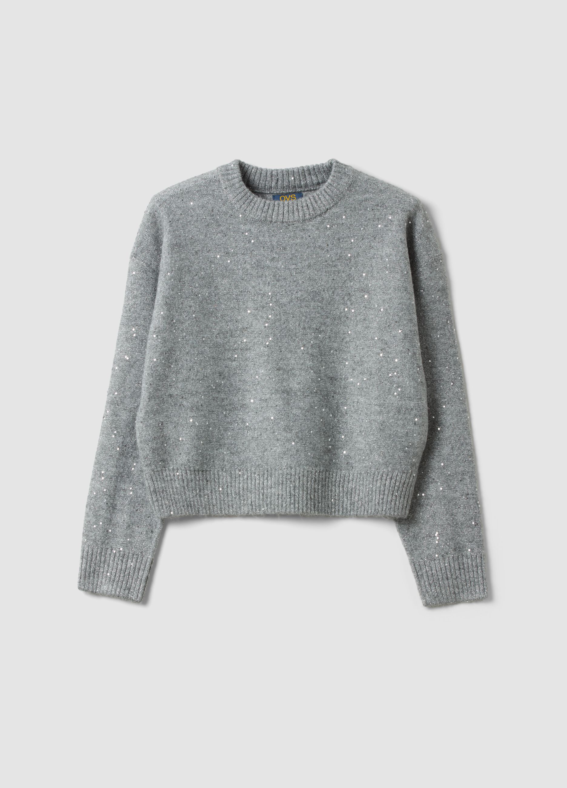 Grey marl stretch jersey top with sequins, regular fit