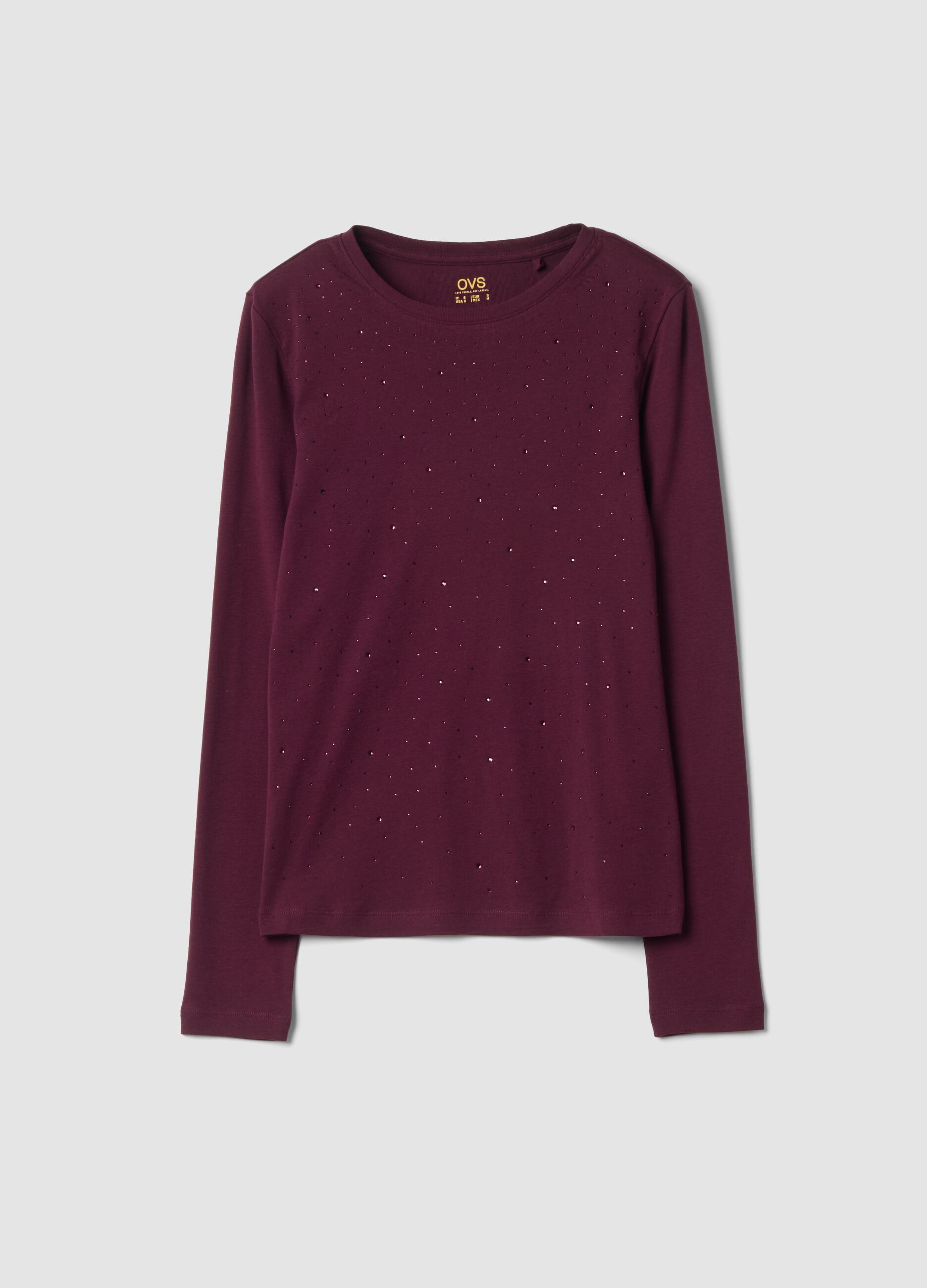 Purple crew-neck pure cotton T-shirt with rhinestones, regular fit