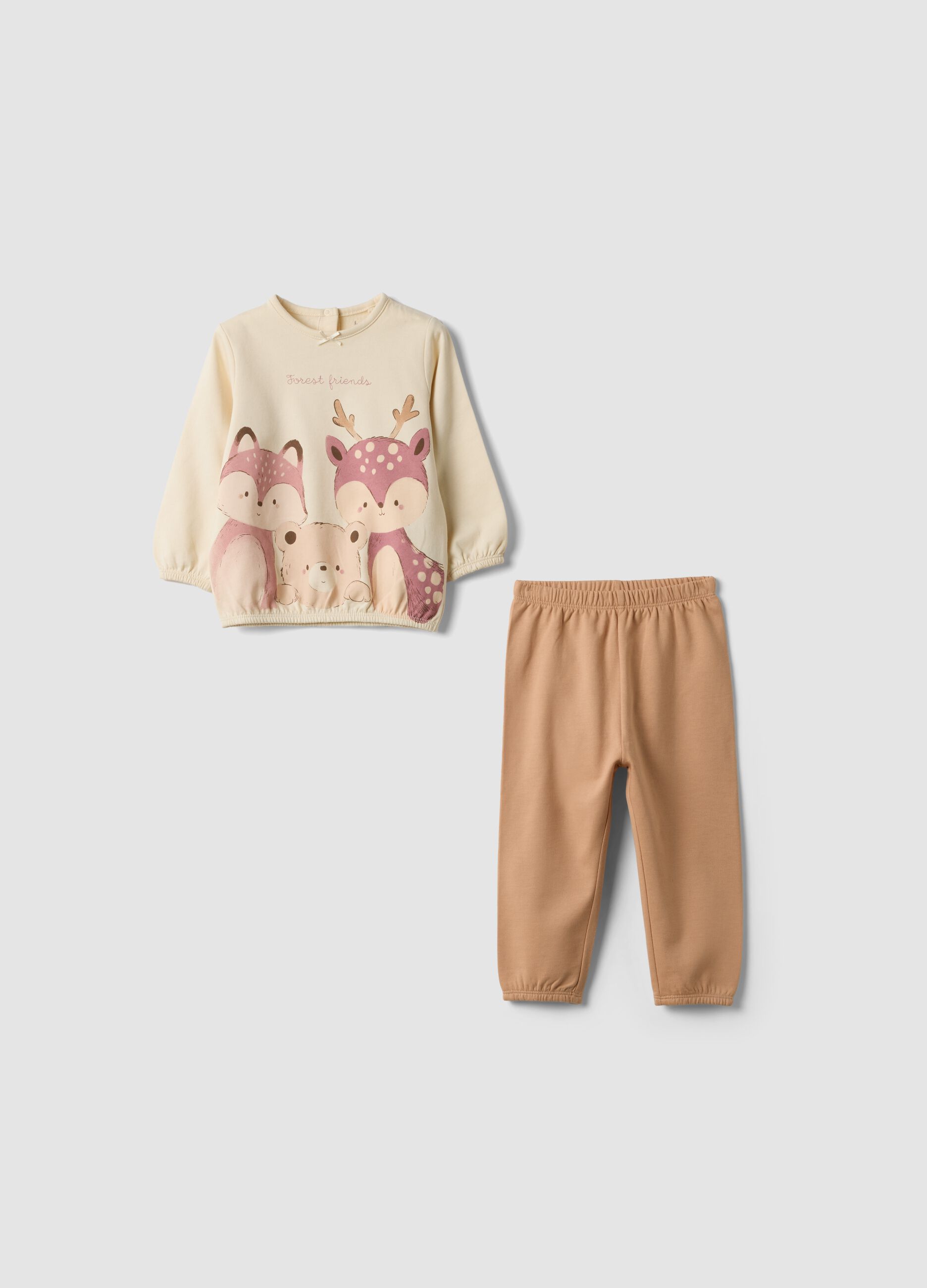 Pigiama beige con girocollo in puro cotone organico