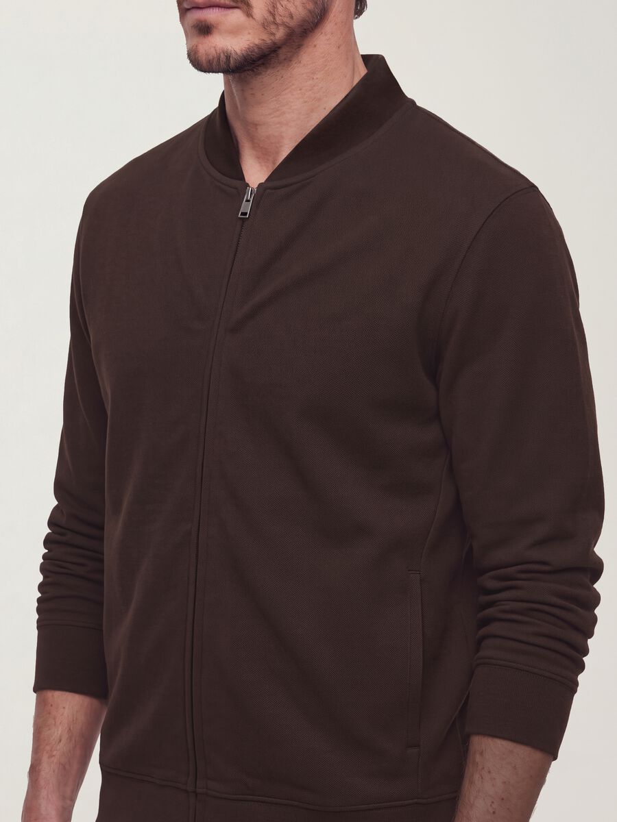 Brown full-zip sweatshirt in stretch piqu&eacute; with ribbed collar_2