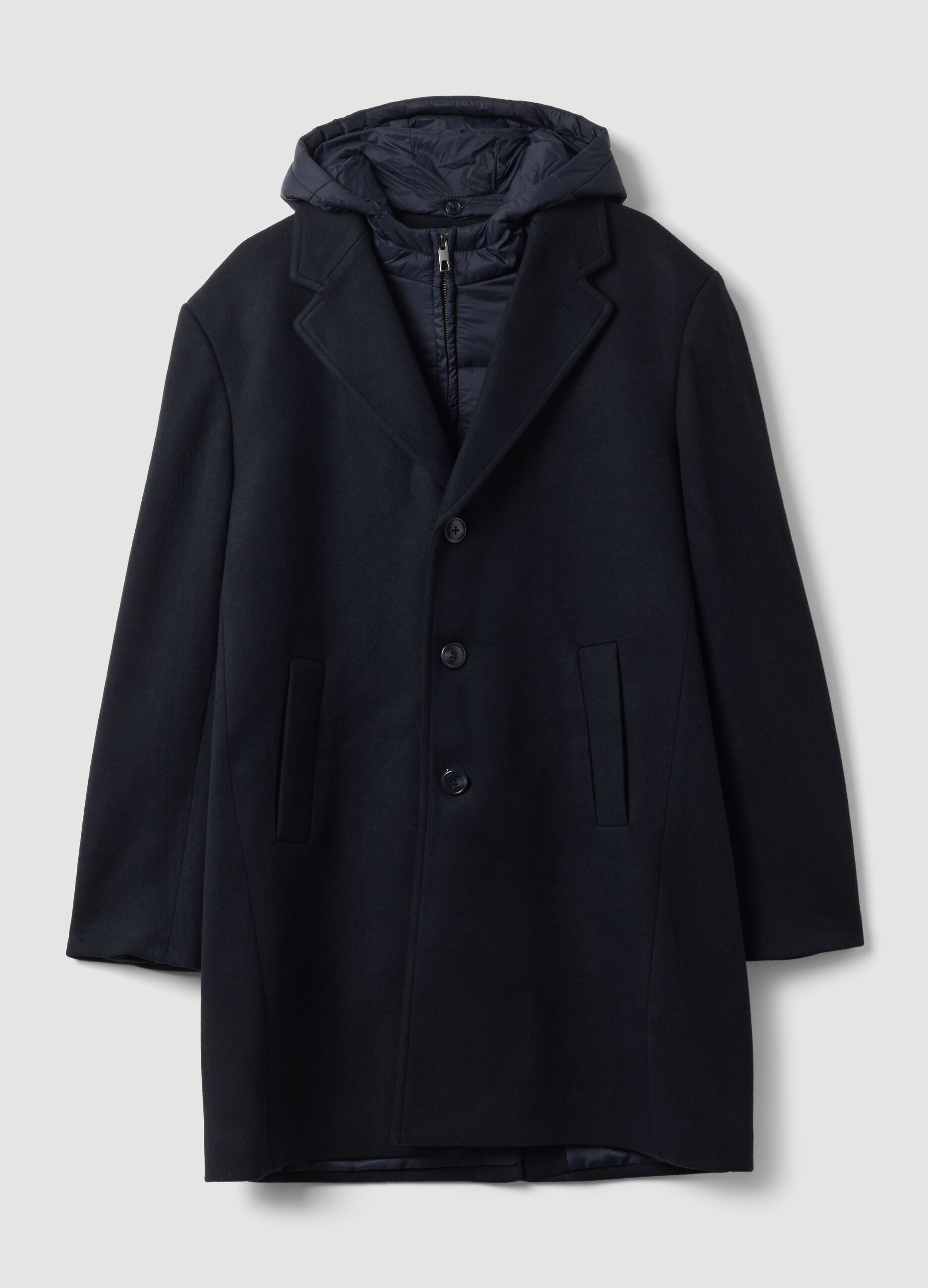Navy blue wool-blend coat with detachable hood