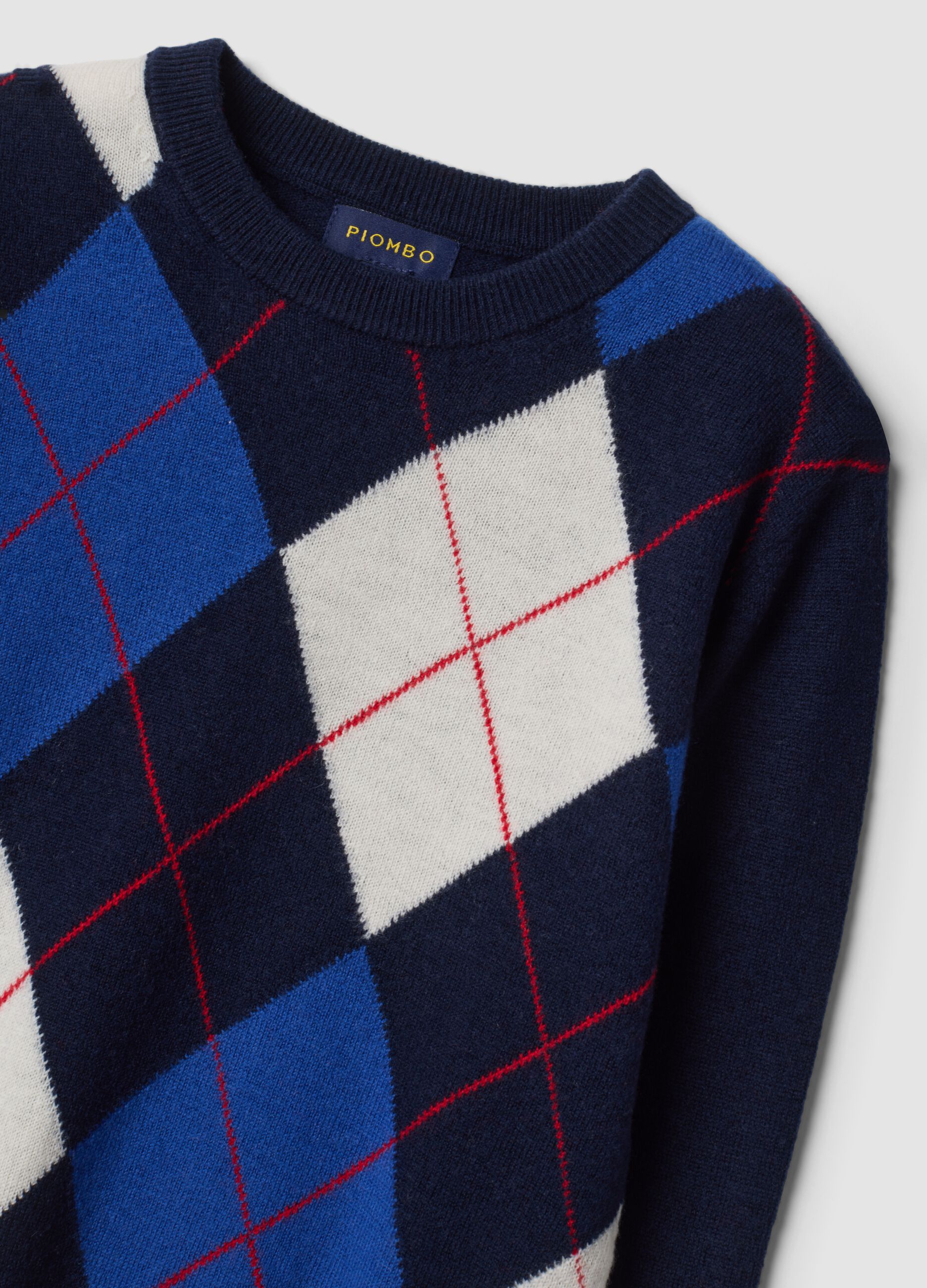Maglione blu in pura lana con girocollo jacquard