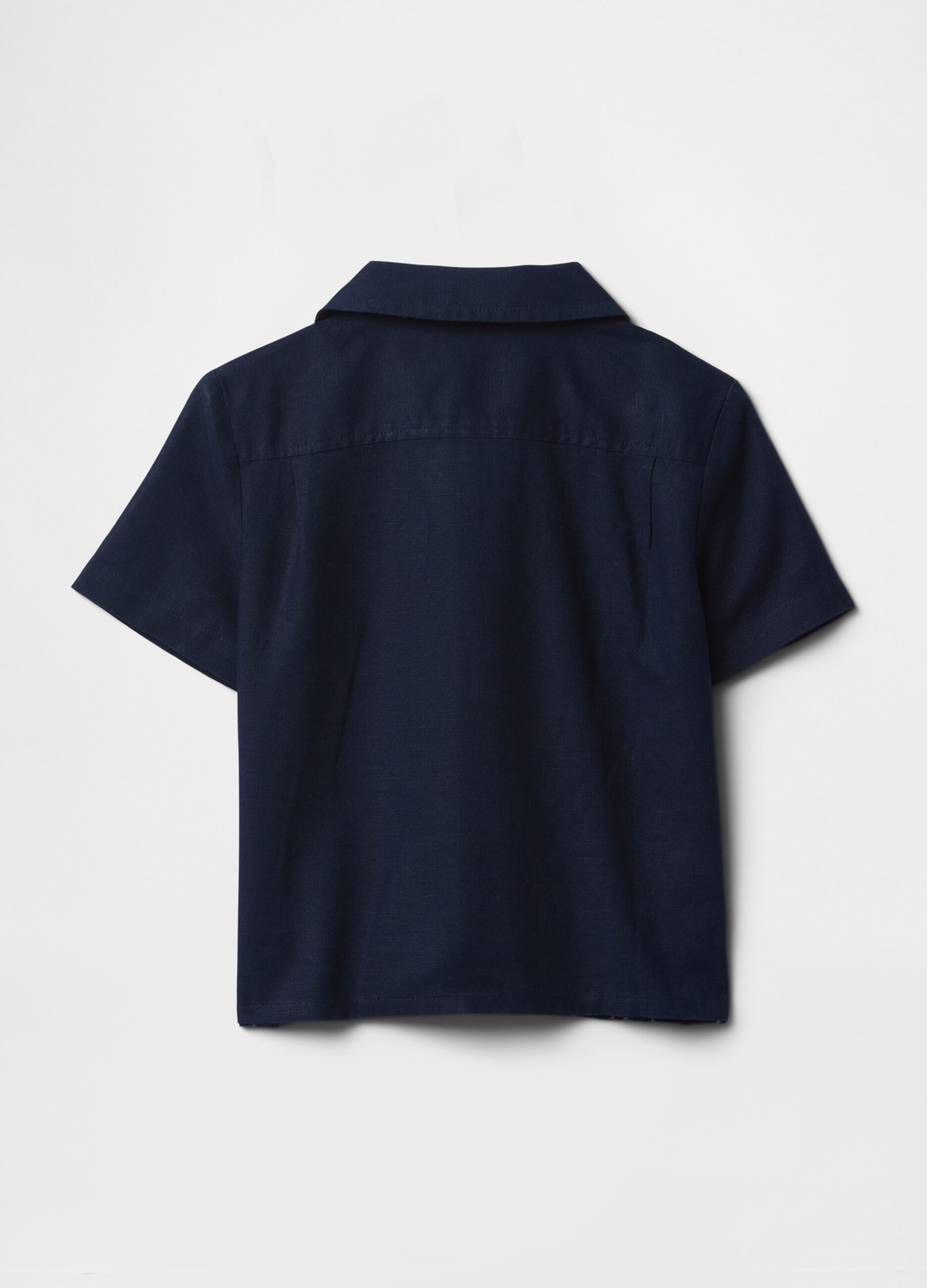 Navy blue short sleeve shirt with floral embroidery