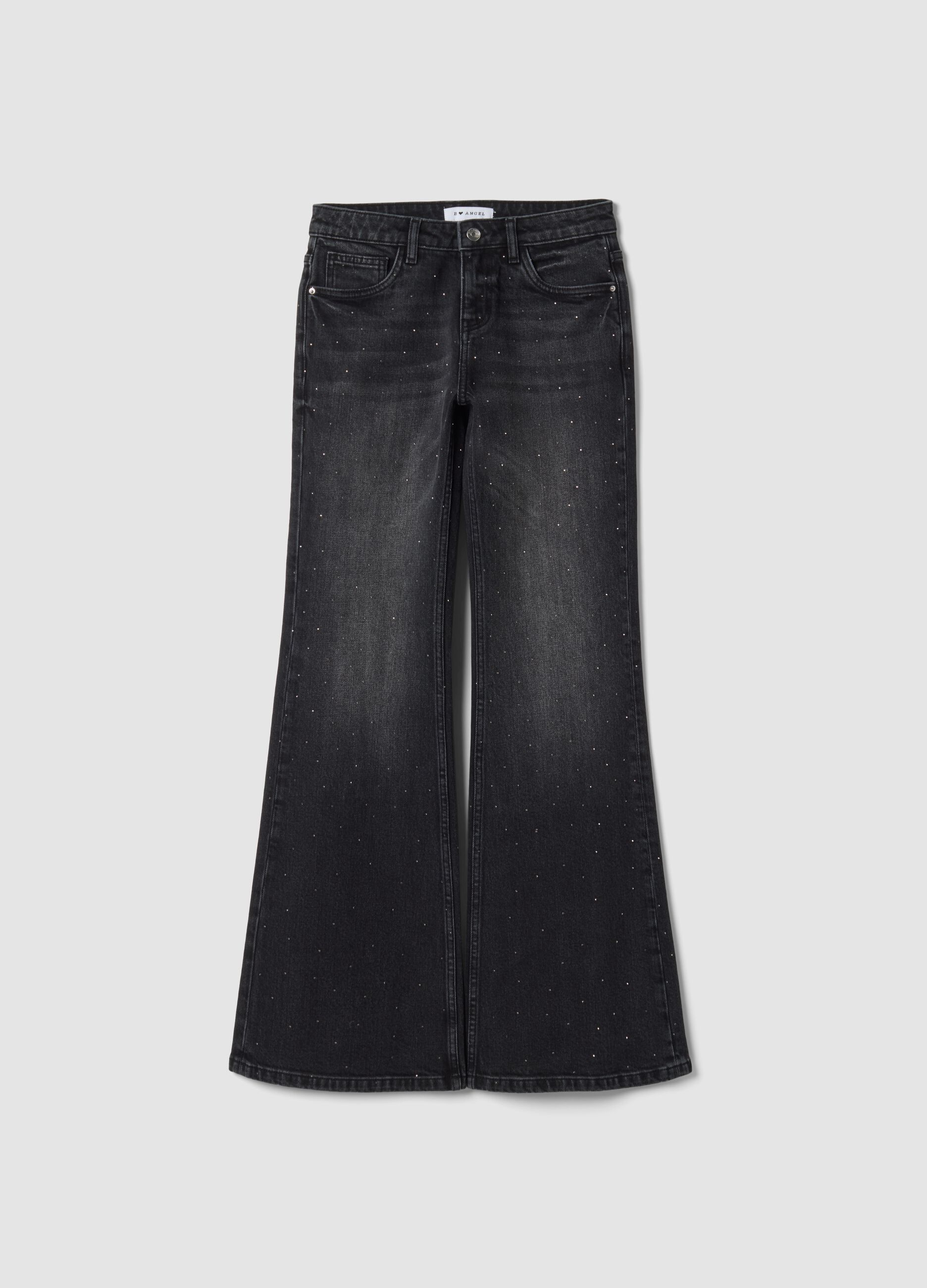 Black bootcut stretch-cotton jeans with rhinestones