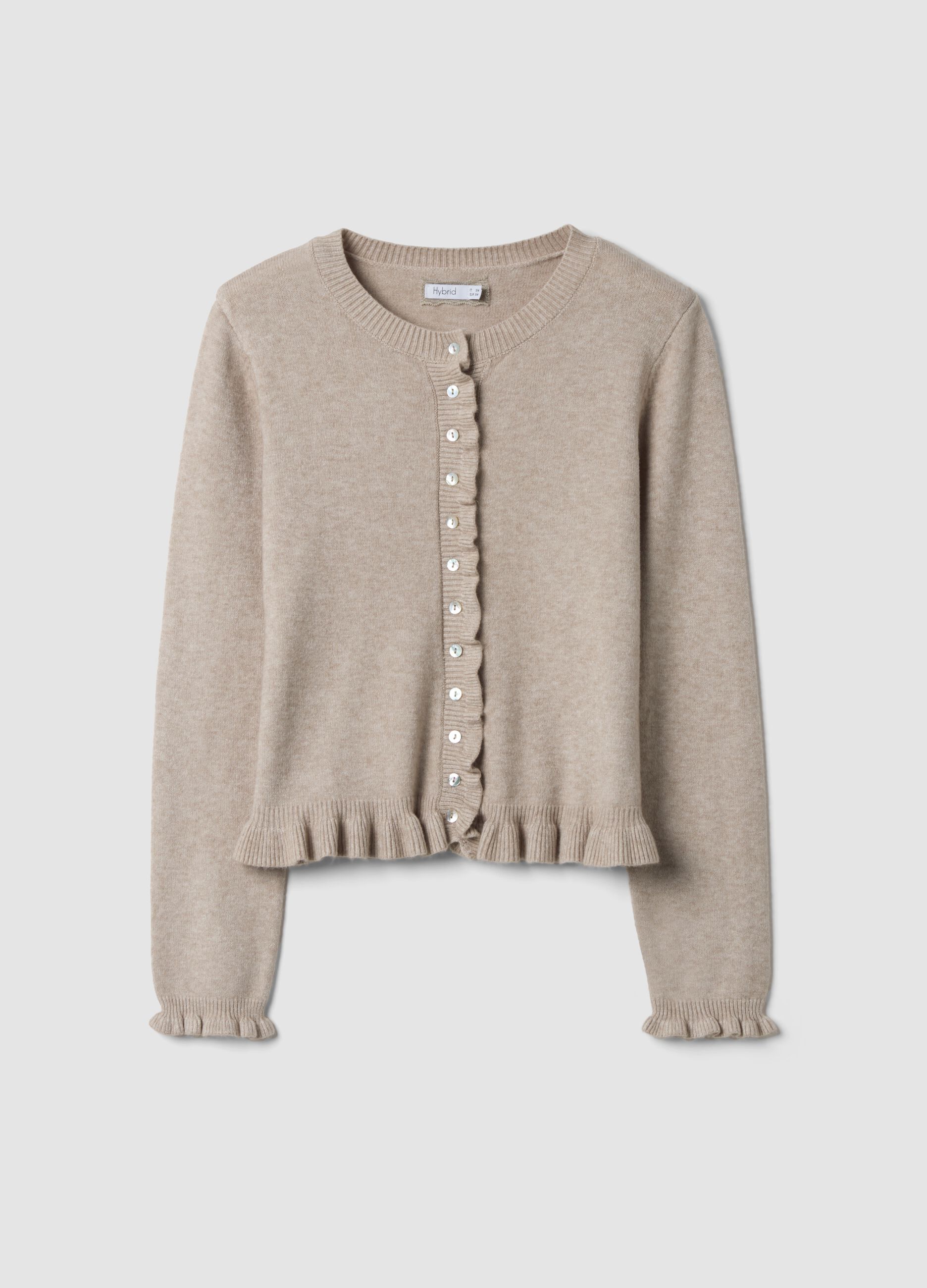 Beige viscose-blend cardigan with ruffles, regular fit