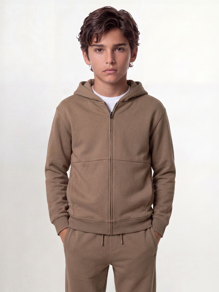 Beige organic cotton zip-up hoodie for boys, relaxed fit_0