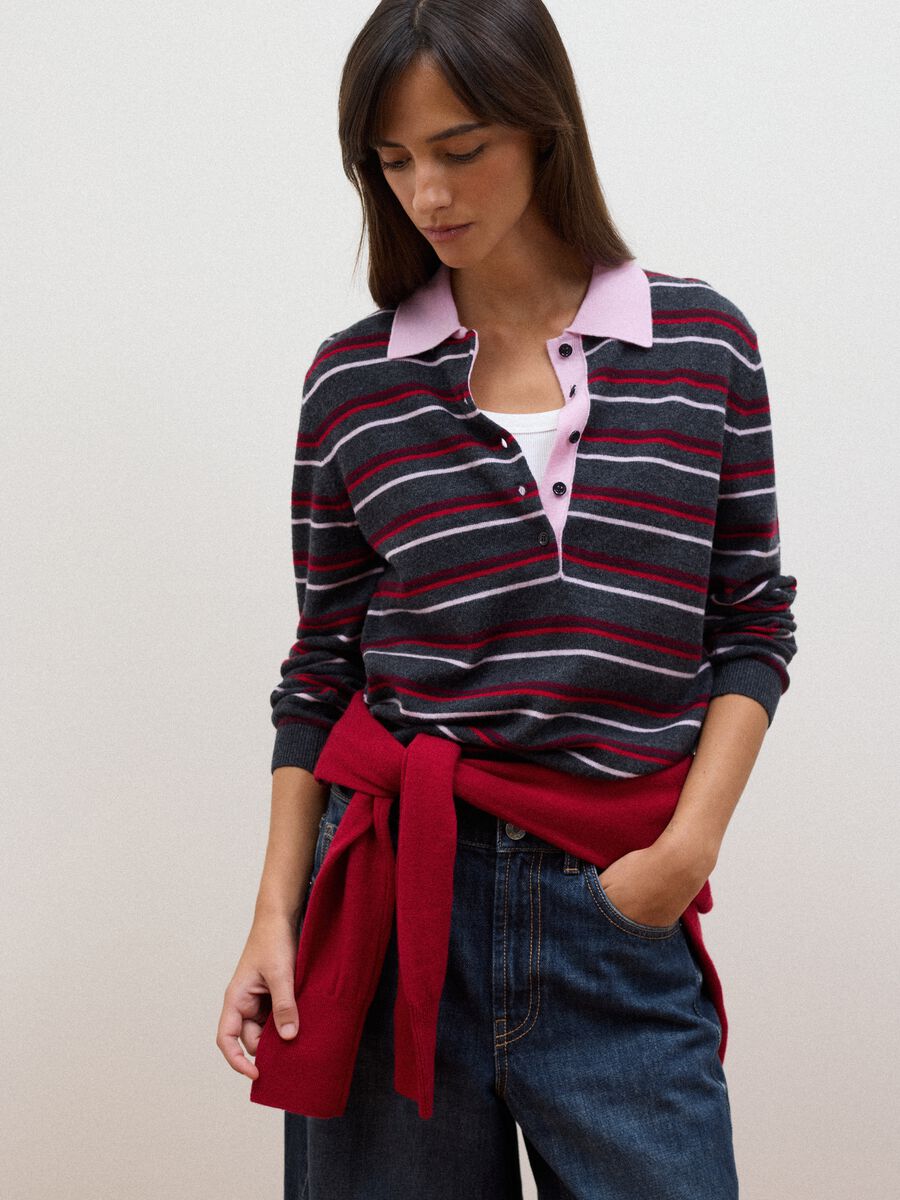 Multicolour pure wool fitted polo-collar jumper_1