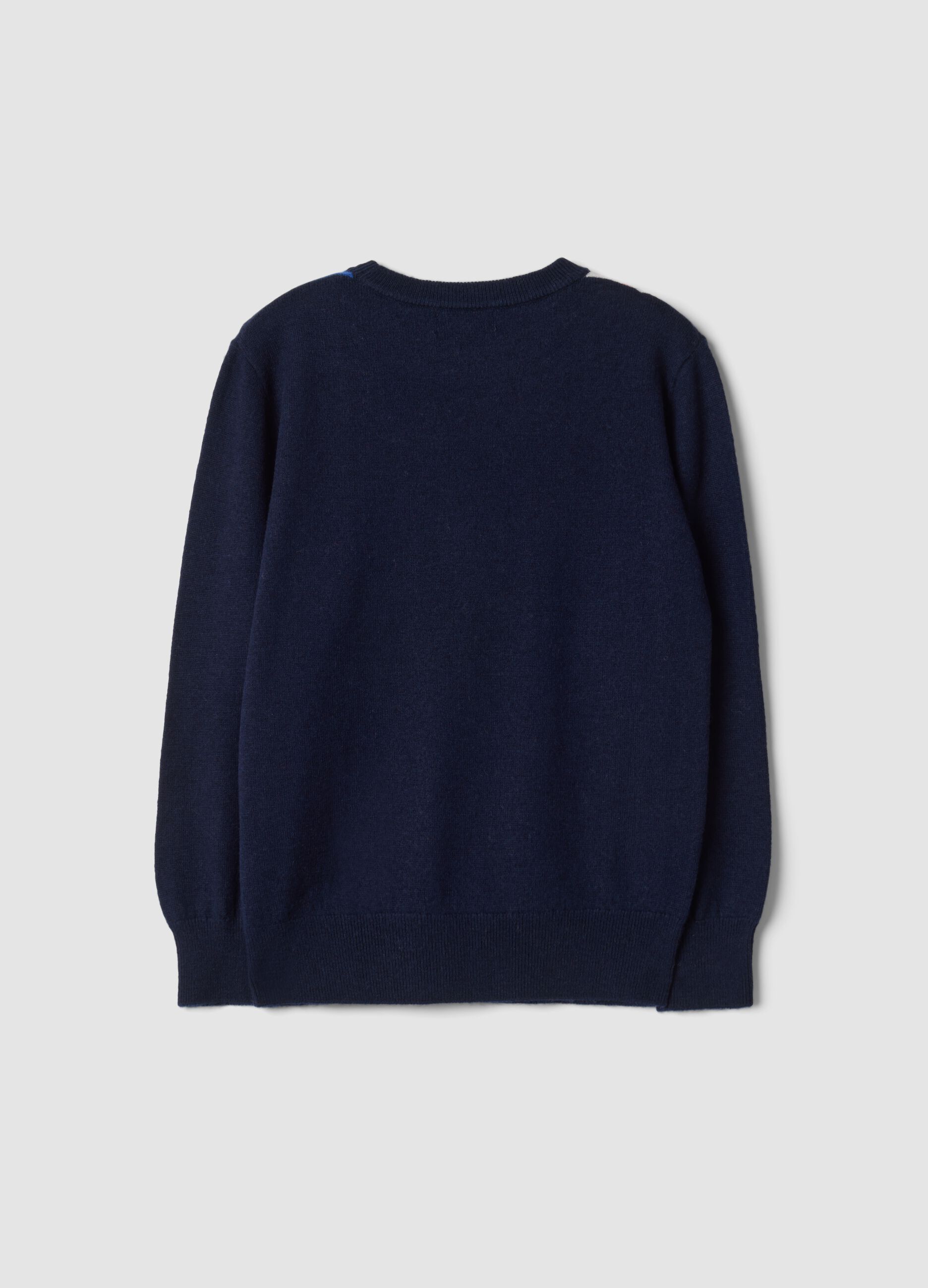 Maglione blu in pura lana con girocollo jacquard