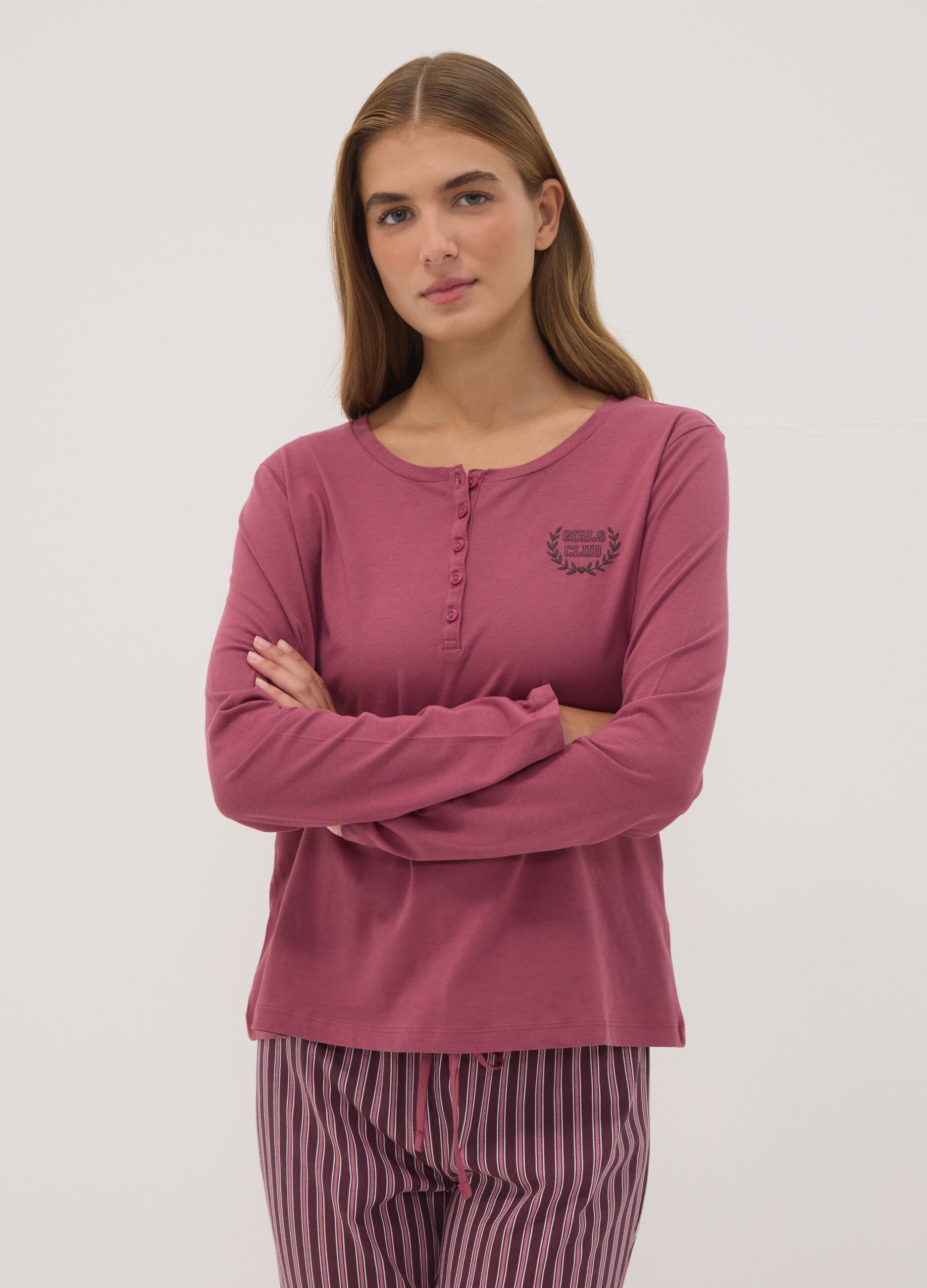 Pink pure organic cotton pyjamas with Henley neckline