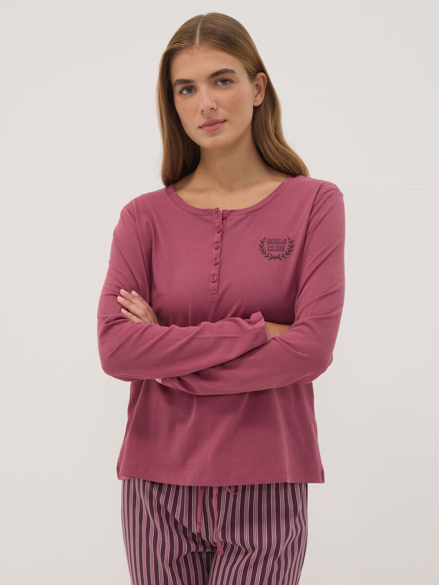 Pink pure organic cotton pyjamas with Henley neckline_1