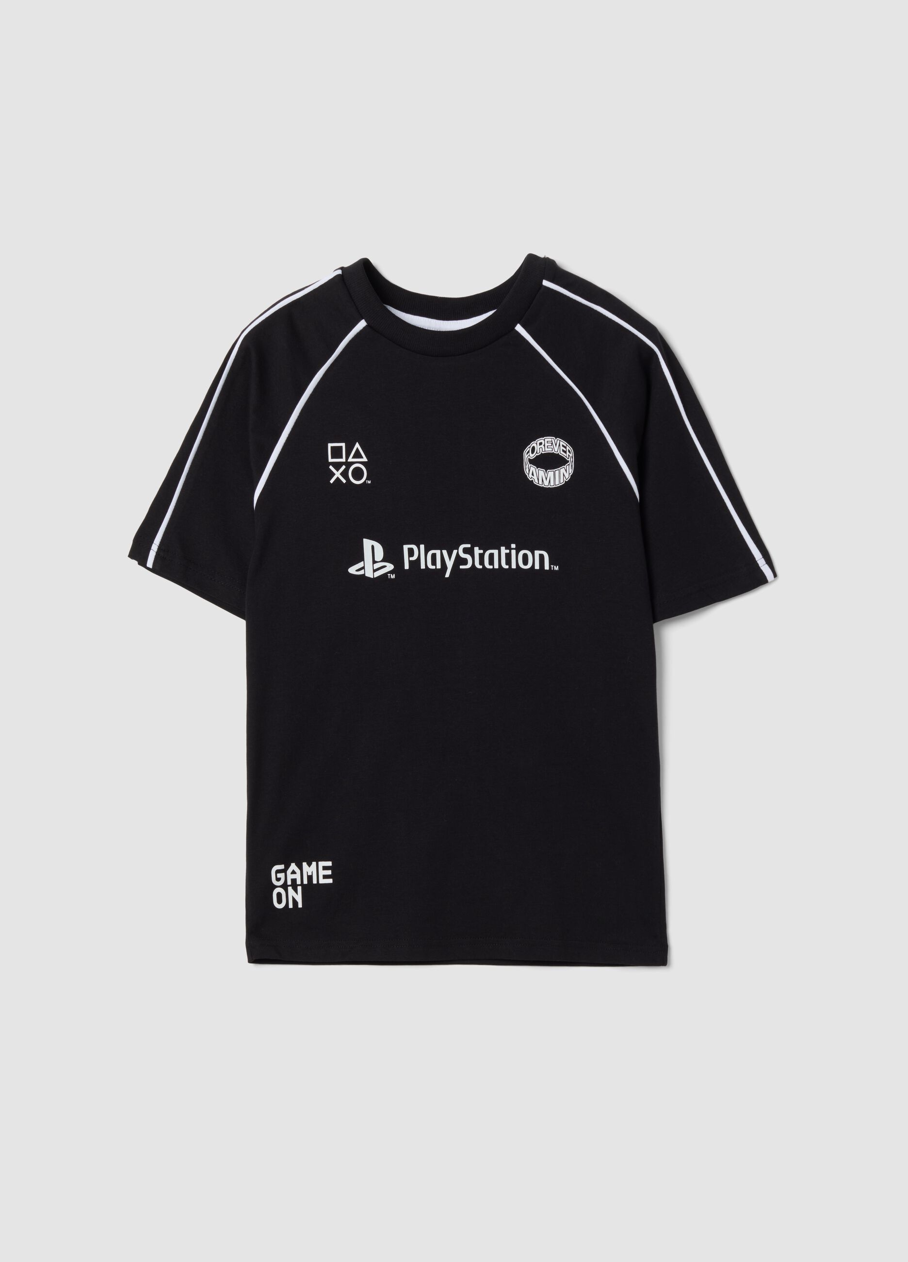 Black pure cotton crew-neck T-shirt with PlayStation print