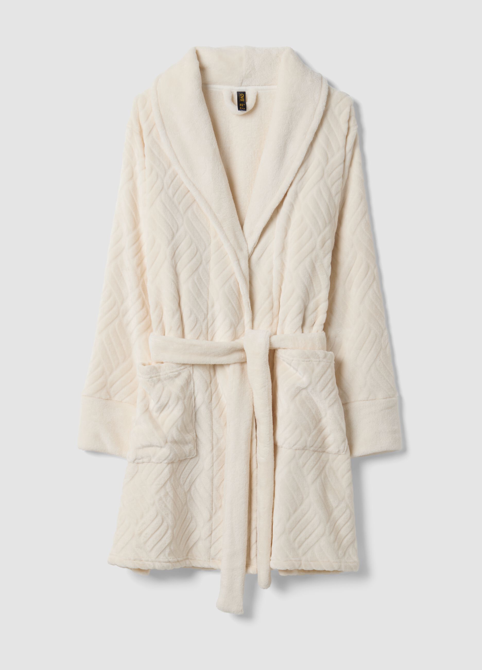 Beige quilted dressing gown with belt and shawl collar