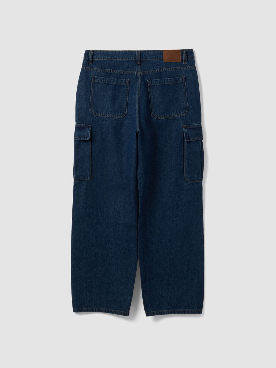 Dark blue pure cotton wide-leg cargo jeans_2