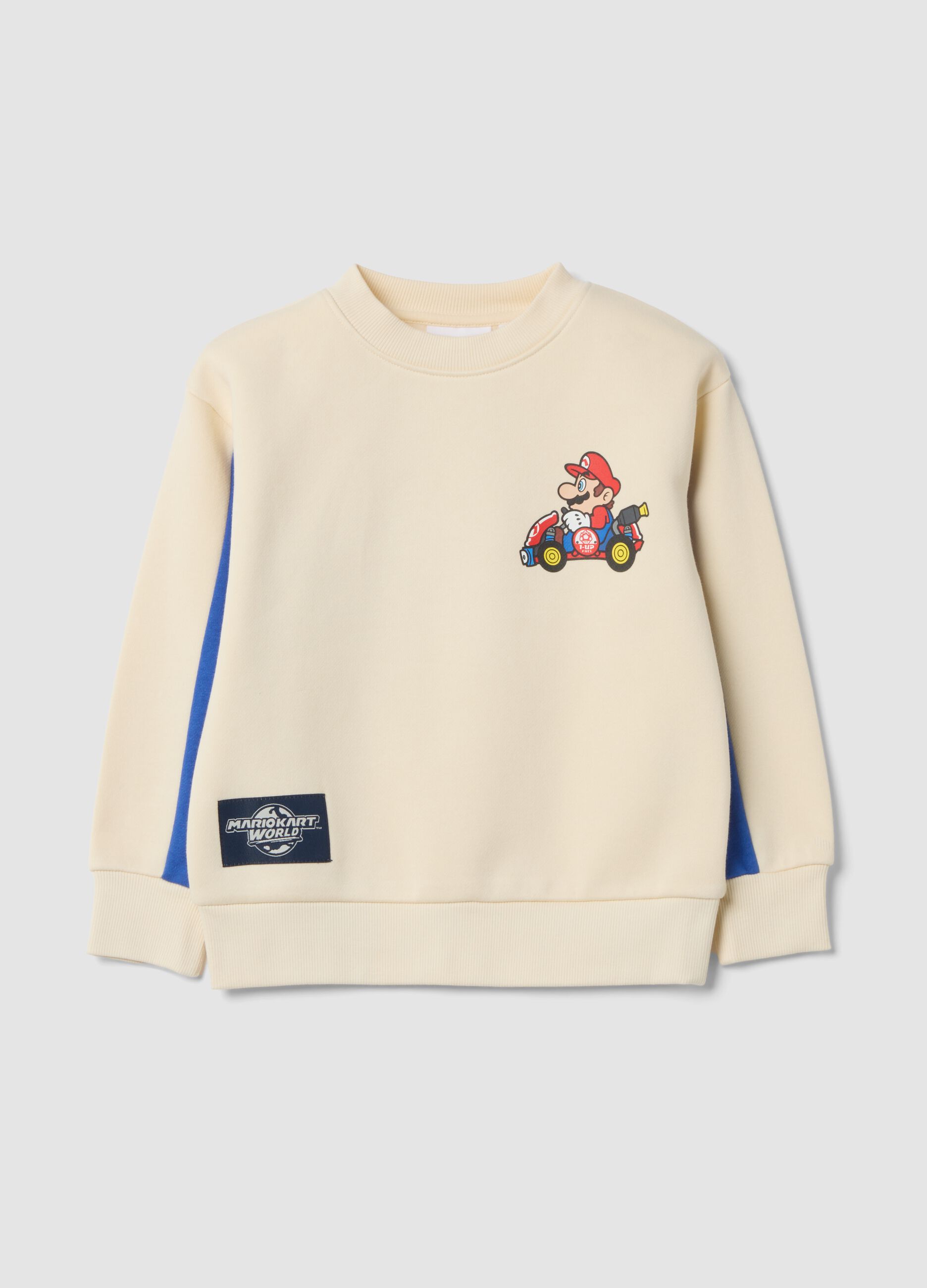 Beige cotton-blend crew-neck sweatshirt with Mario Kart print, oversized fit