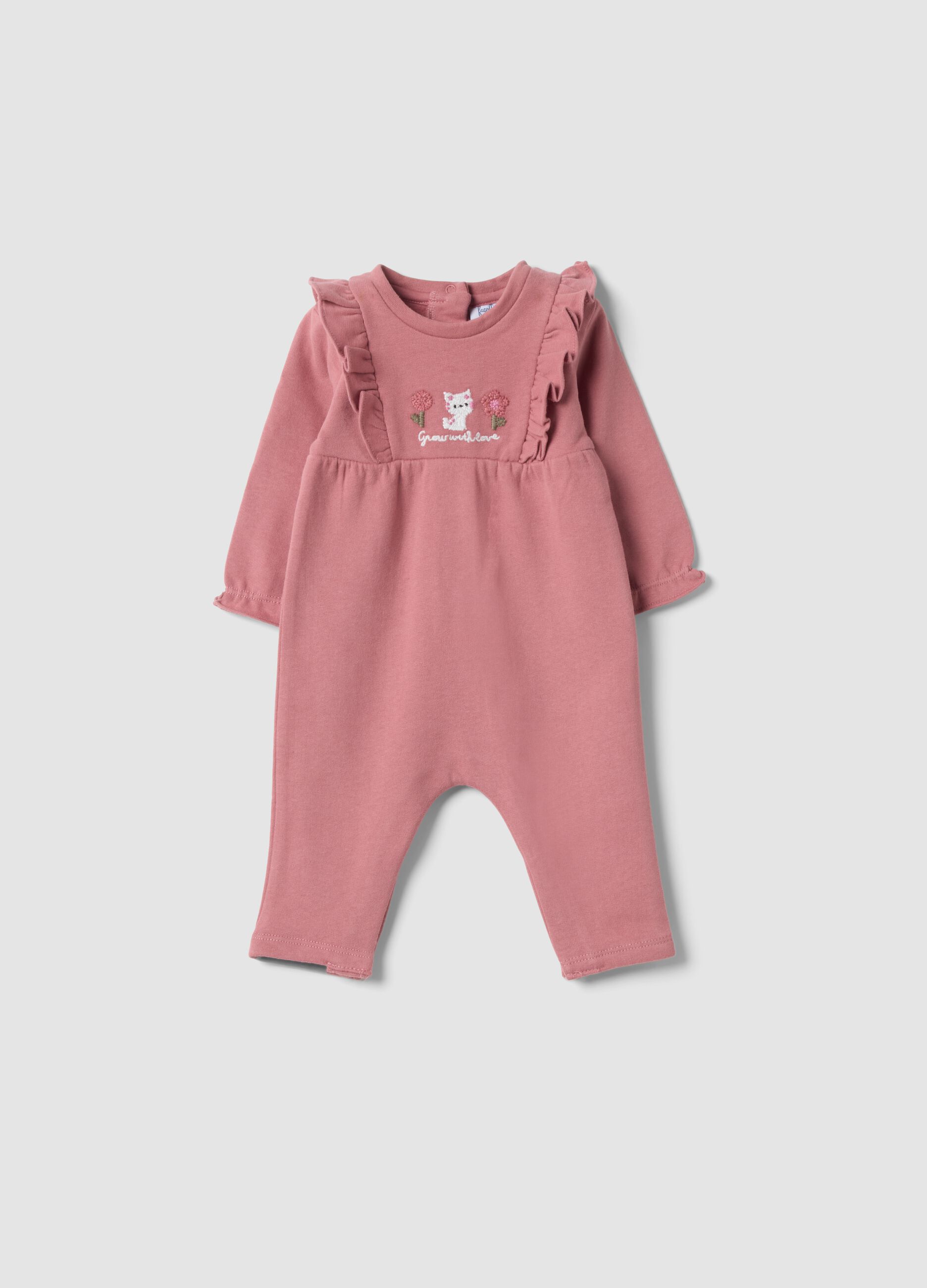 Pink organic cotton sleepsuit with ruffles and chest embroidery