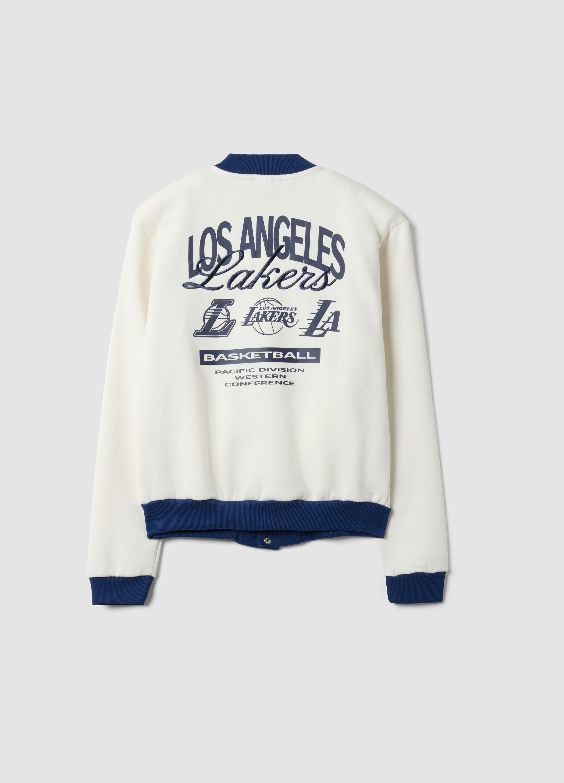 Beige cotton-blend sweatshirt with snap buttons and Lakers print
