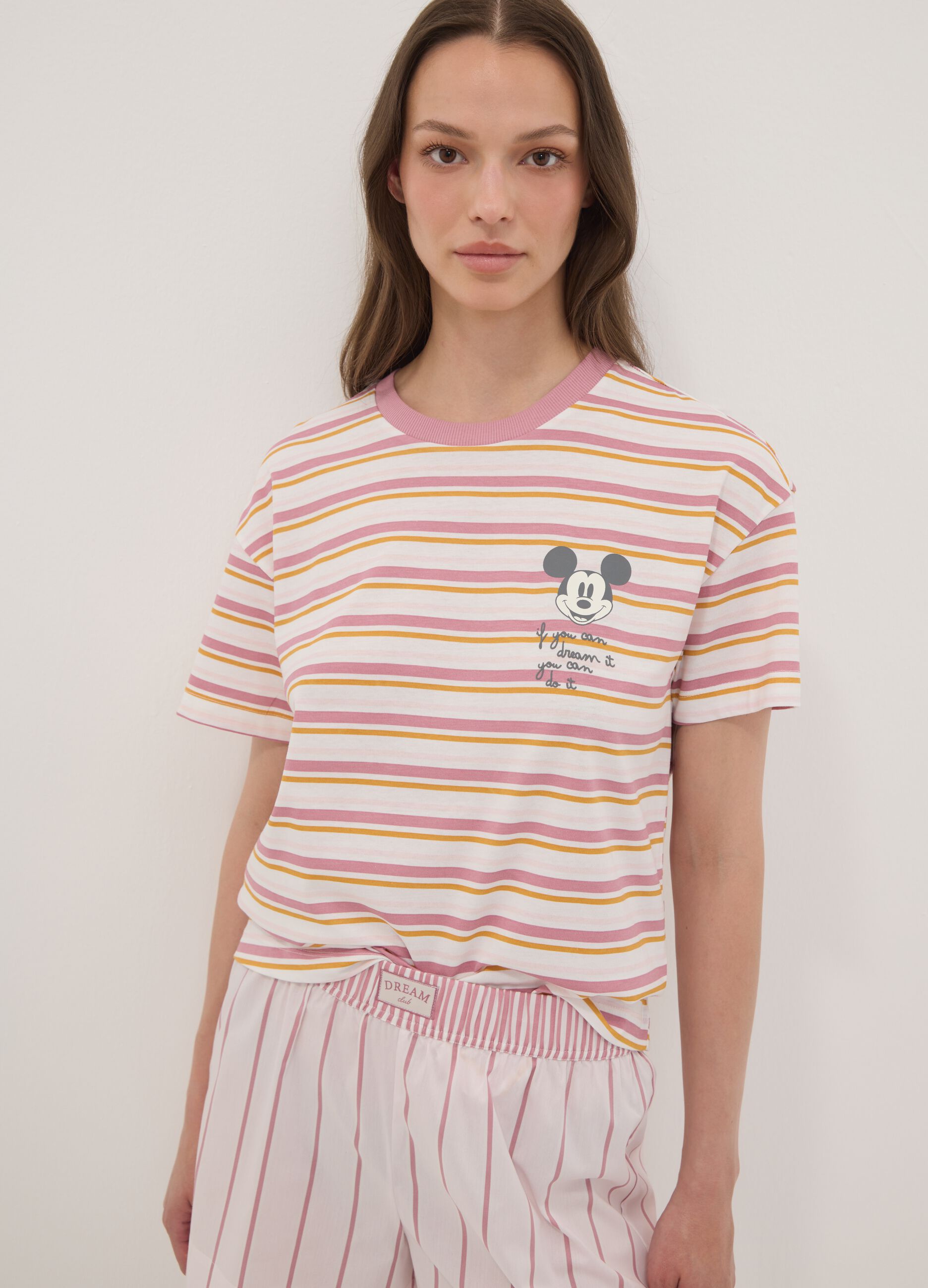 White striped organic cotton pyjama T-shirt with Mickey Mouse print