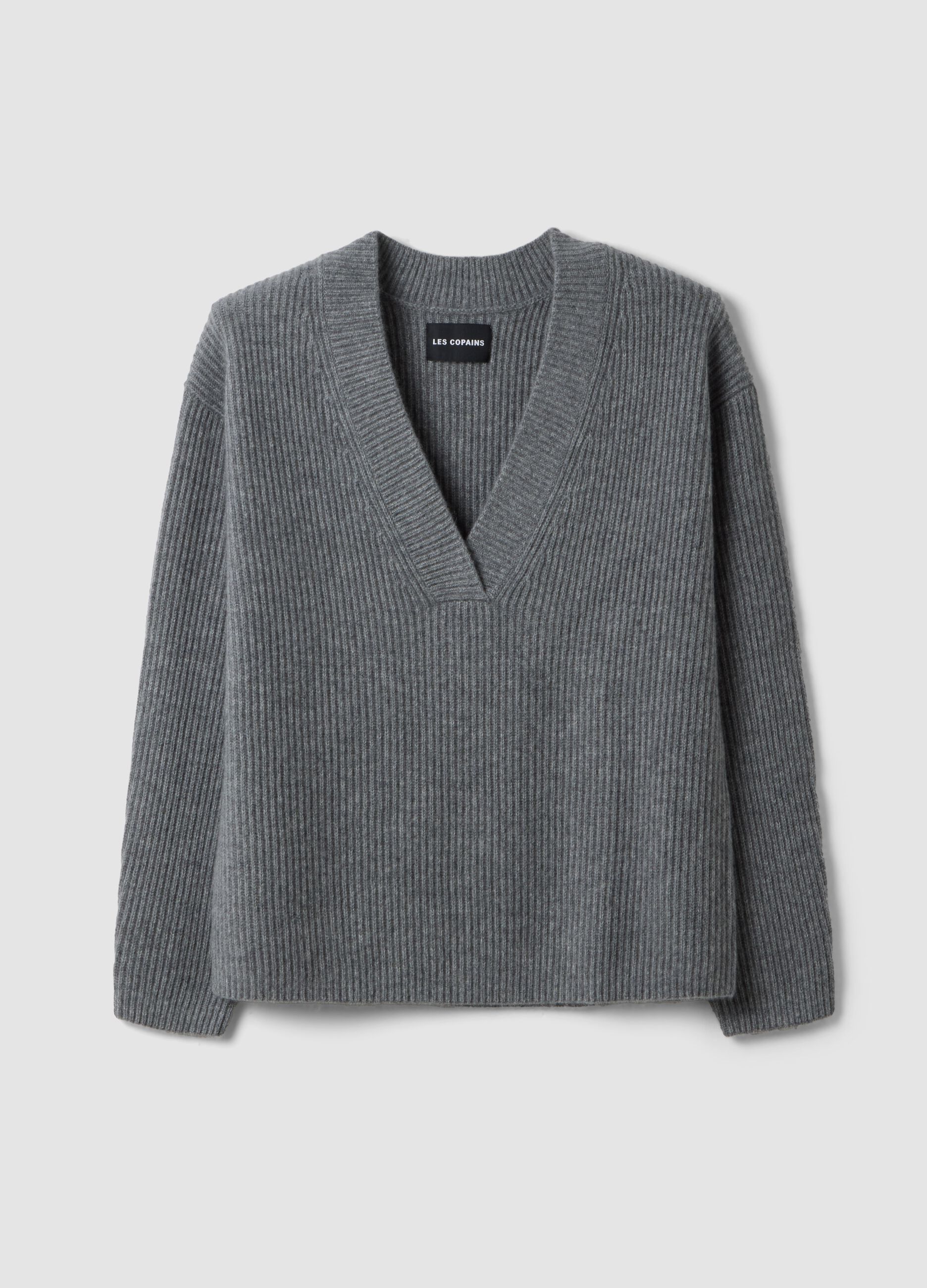 Grey marl pure cashmere deep V-neck oversized jumper