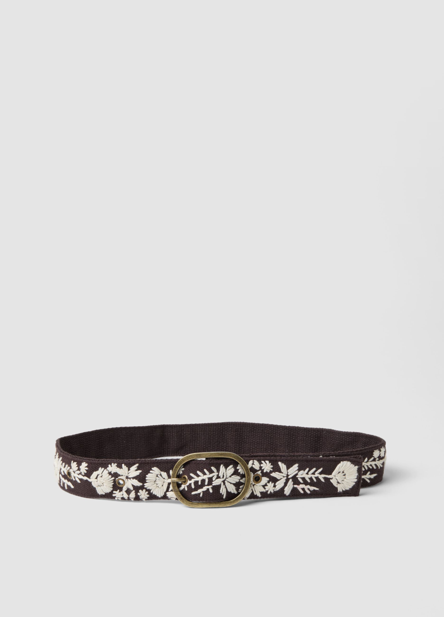 Brown pure cotton belt with floral embroidery