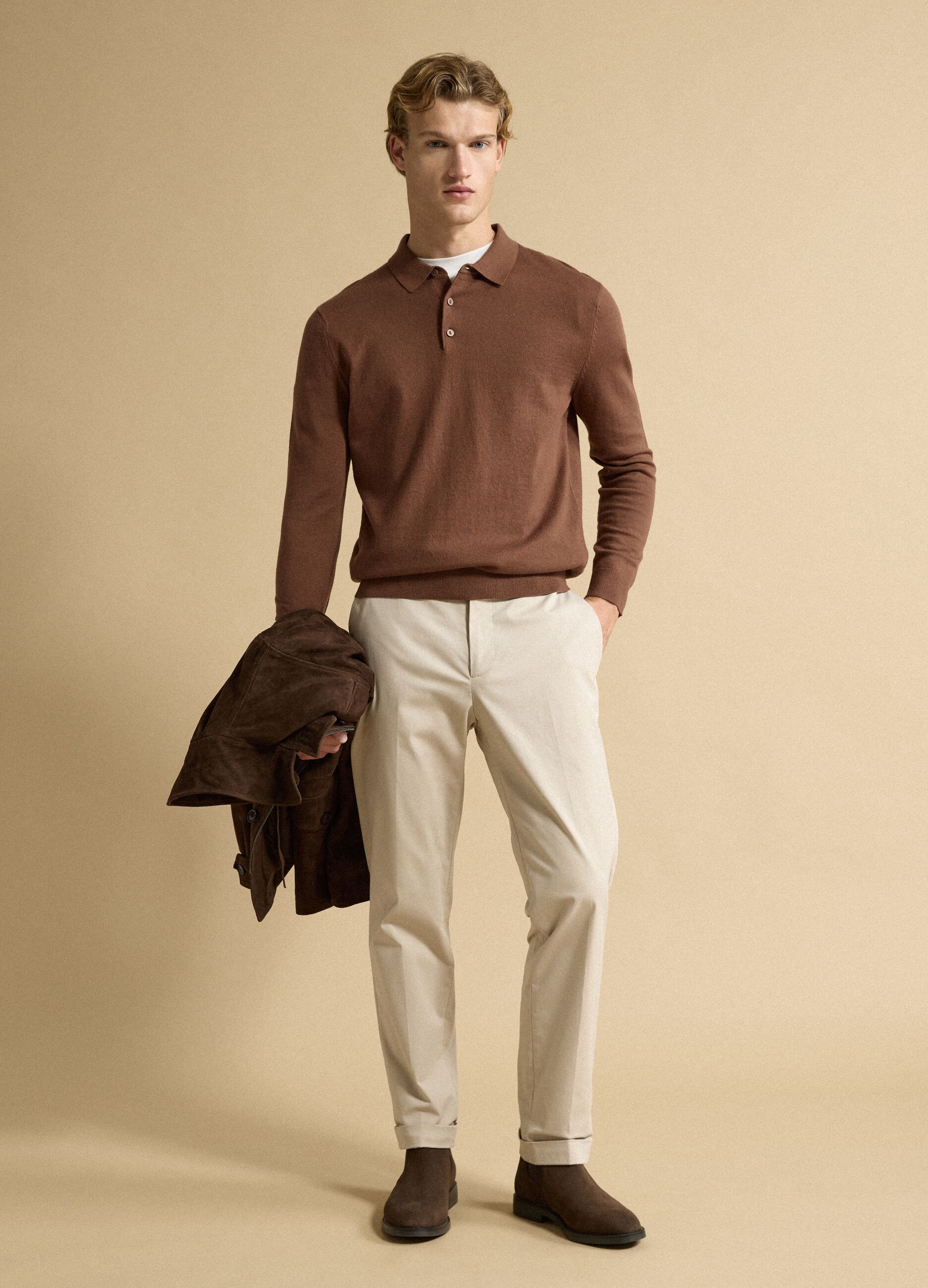 Brown long-sleeve regular-fit cotton and cashmere-blend polo shirt