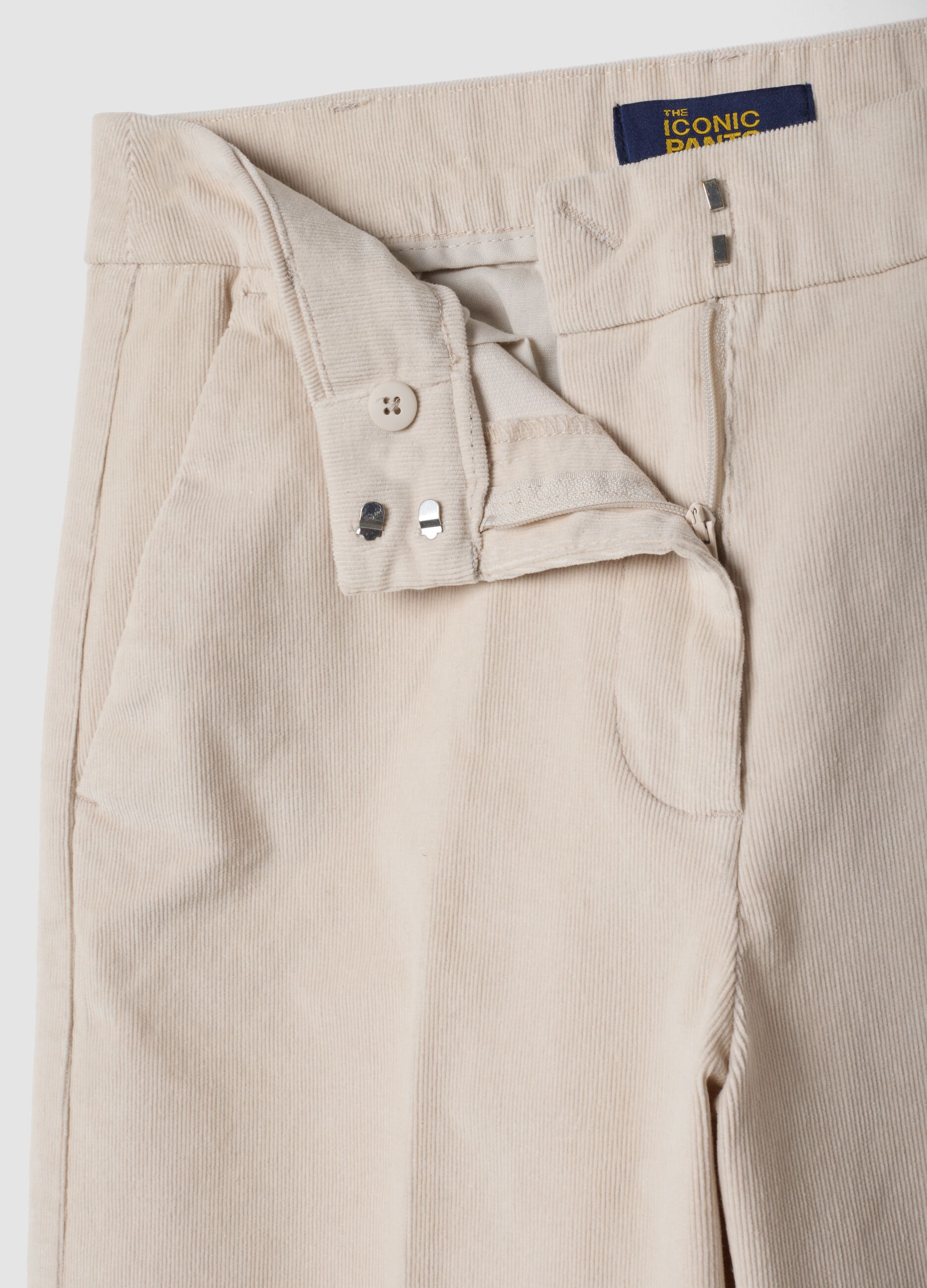 بنطال The Iconic Pants بيج بقصّة مستقيمة من قطن مطاطي مضلّع