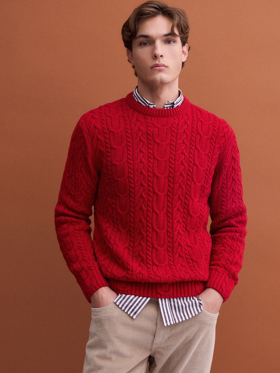 Red crew-neck wool-blend jumper with jacquard knit_0