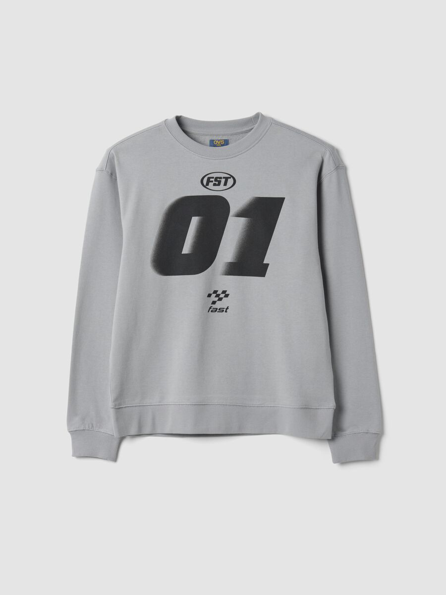 Grey crew-neck sweatshirt in pure organic cotton with racing graphic, relaxed fit_0
