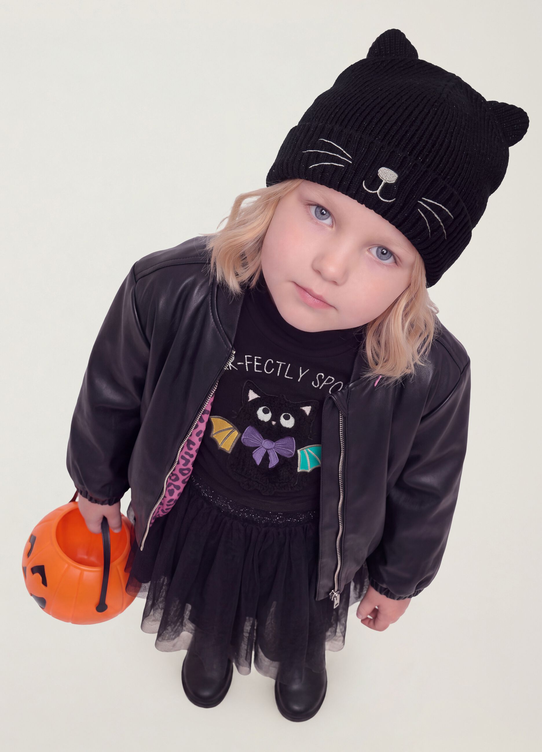 Black stretch fabric beanie with ears