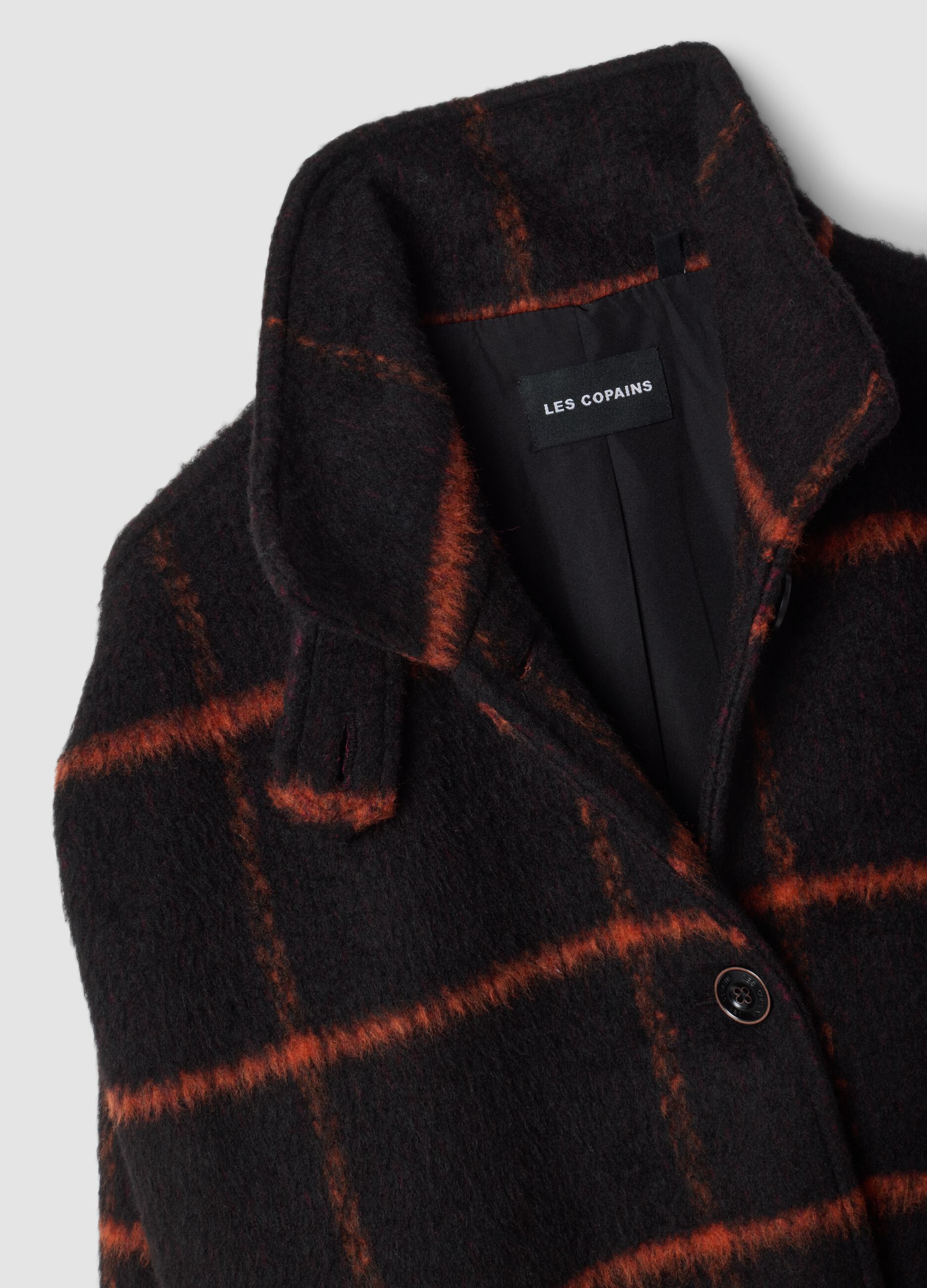 Cappotto nero e arancione scuro in misto lana a quadri regular fit